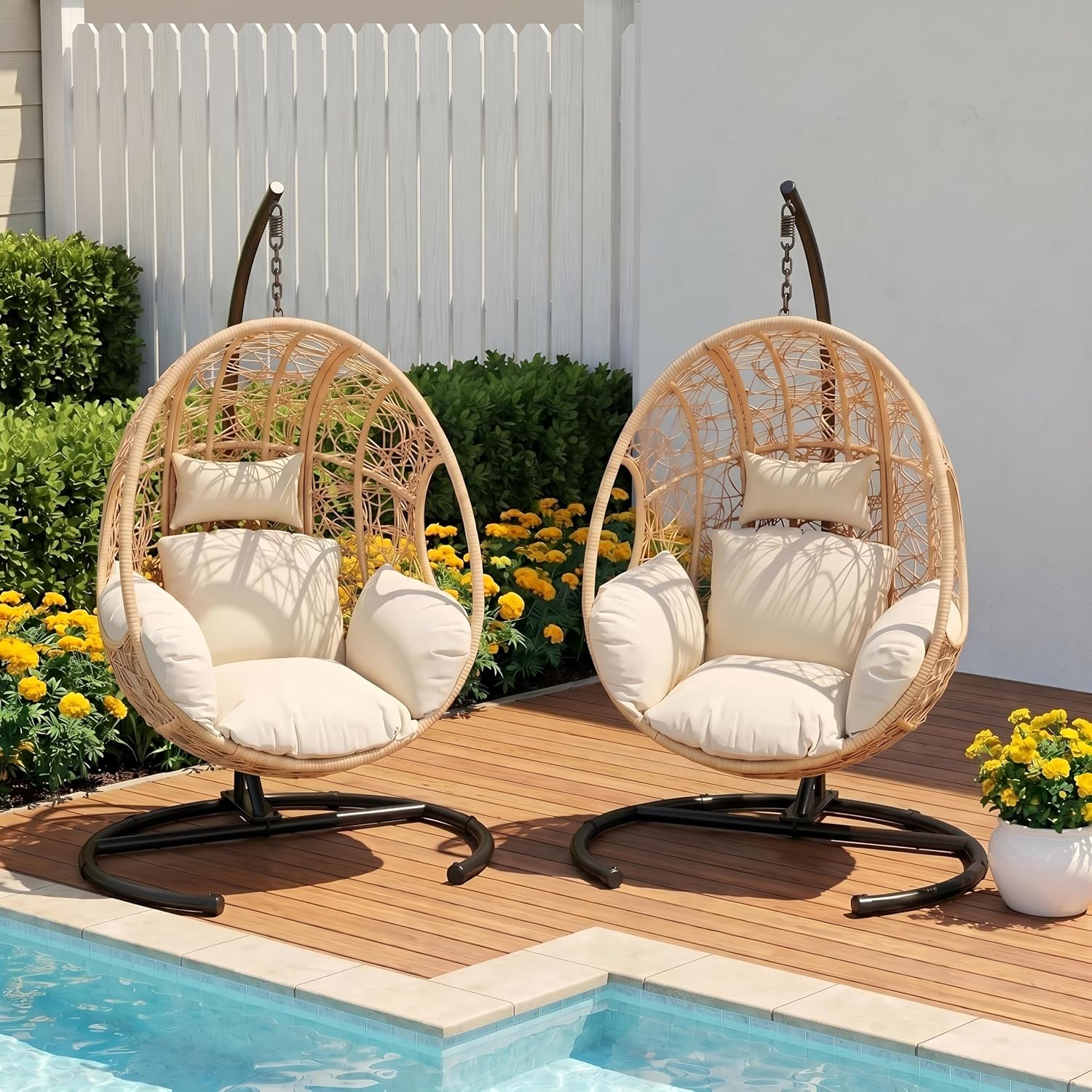 Oversized Hanging Egg Chair Set of 2 Outdoor Indoor, Wicker Swing Egg Chair with Stand 400lbs Capacity for Bedroom, Patio, Garden and Balcony