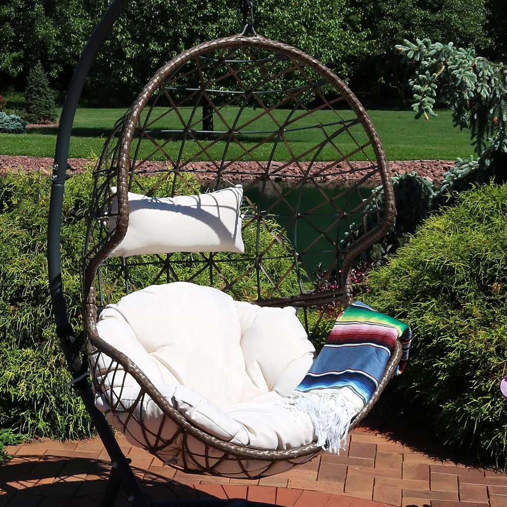 Sunnydaze Danielle Hanging Egg Chair - Resin Wicker Basket Design - Outdoor Use - Includes Beige Cushion