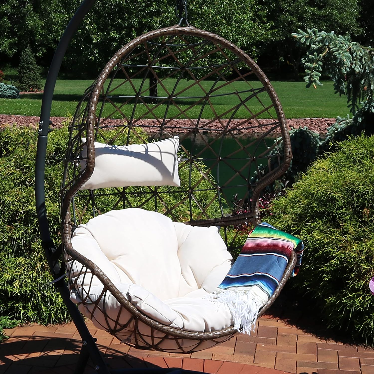 Sunnydaze Danielle Hanging Egg Chair - Resin Wicker Basket Design - Outdoor Use - Includes Beige Cushion