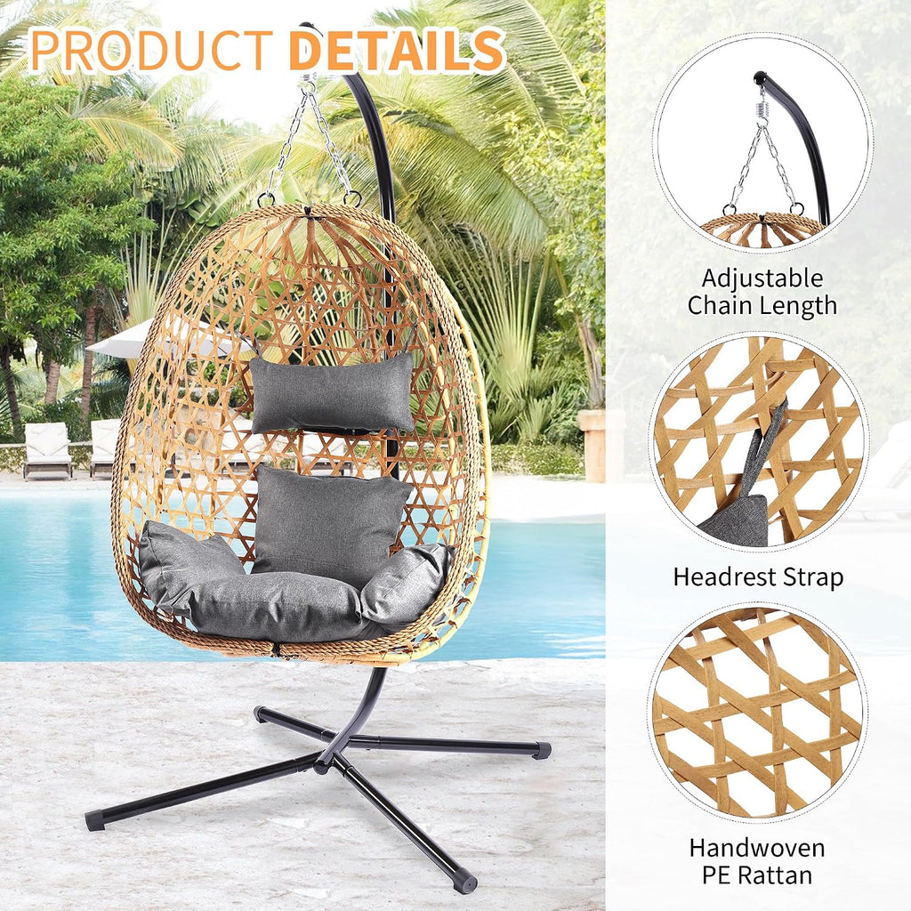 LHBCraft Hanging Egg Chair with Stand, Patio Wicker Swing Chair, Hammock Style with 350LBS Capacity for Bedroom, Balcony, or Garden (Yellow-Grey)