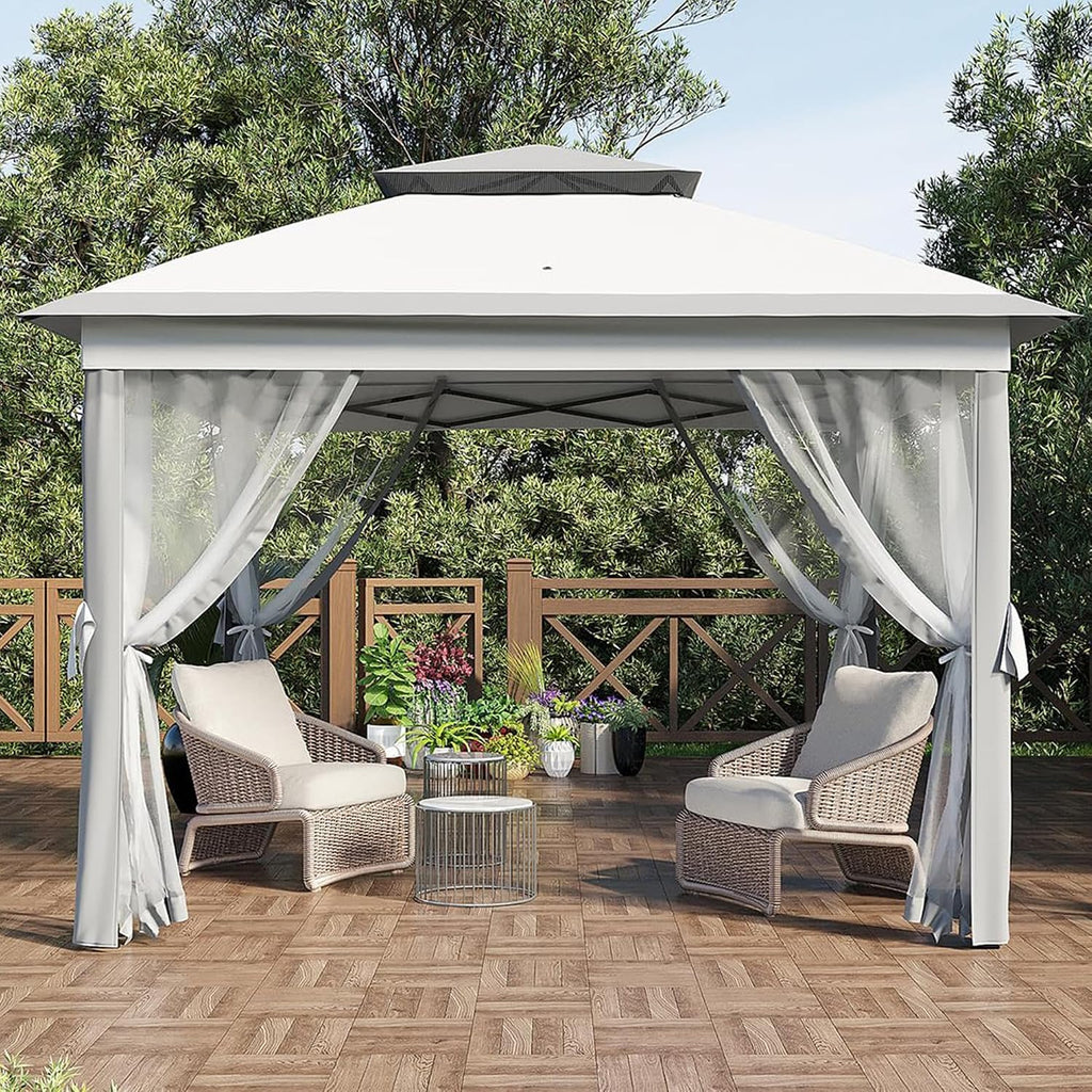 11x11ft Gazebo Tent with Mosquito Netting, Pop Up Gazebo, Mesh Screen with 4 Ropes, 8 Stakes, 4 Sandbags and Storage Bag, Outdoor Canopy for Backyard & Patio Furniture