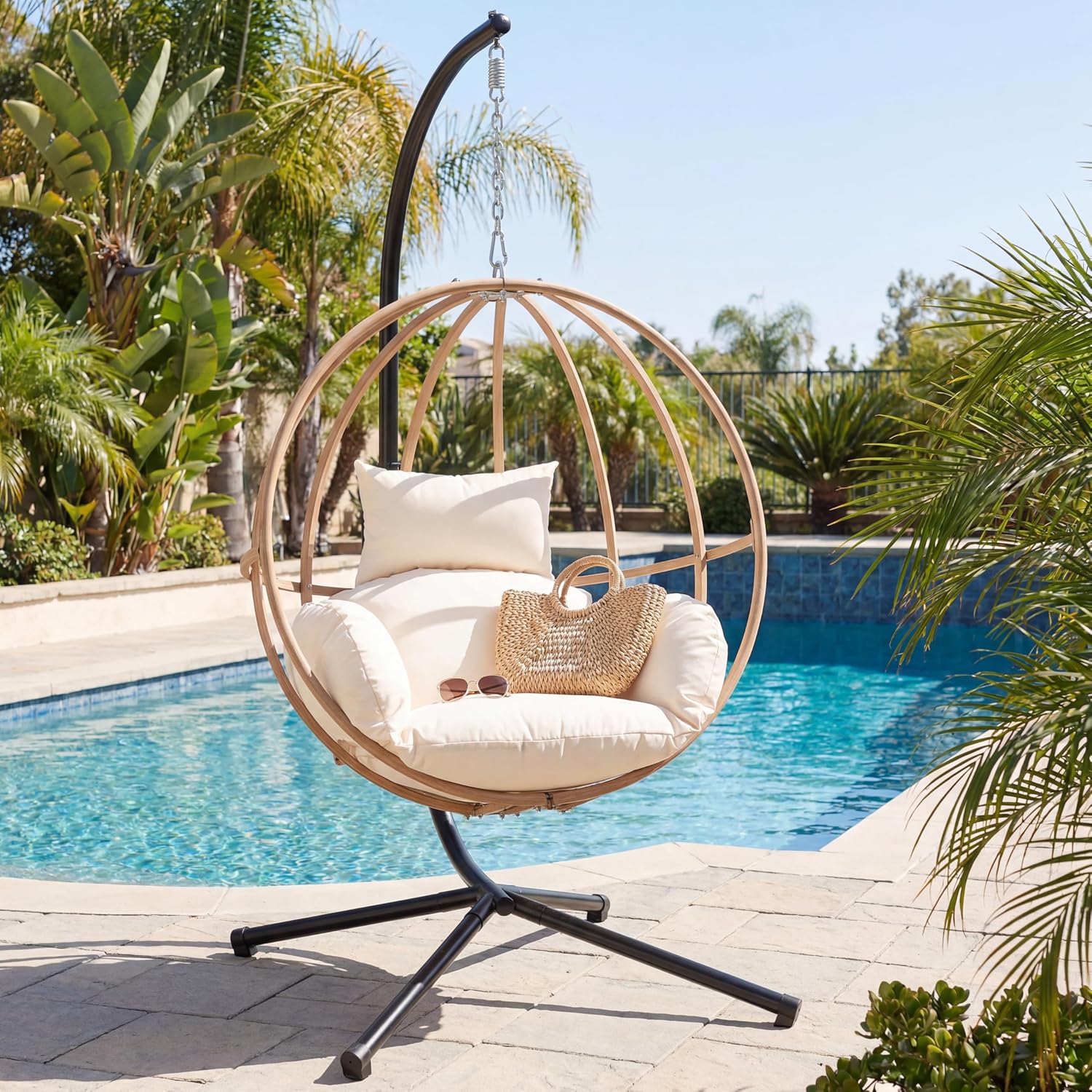 Egg Chair with Stand, Egg Swing Chair with Stand Outdoor, Outdoor Indoor Egg Swing Chair with Cushion Headrest for Patio, Porch, Balcony, Bedroom, Beige