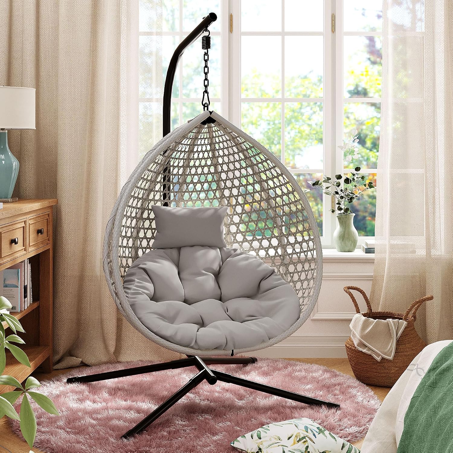 Sturdy Hammock Chair with Stand, Durable Hanging Egg Chair with Rattan Weaving,Comfortable Indoor Outdoor Swing Chairs with Soft Removable Cushion,Suitable for Balcony, Bedroom,or Garden, Gray+Gray