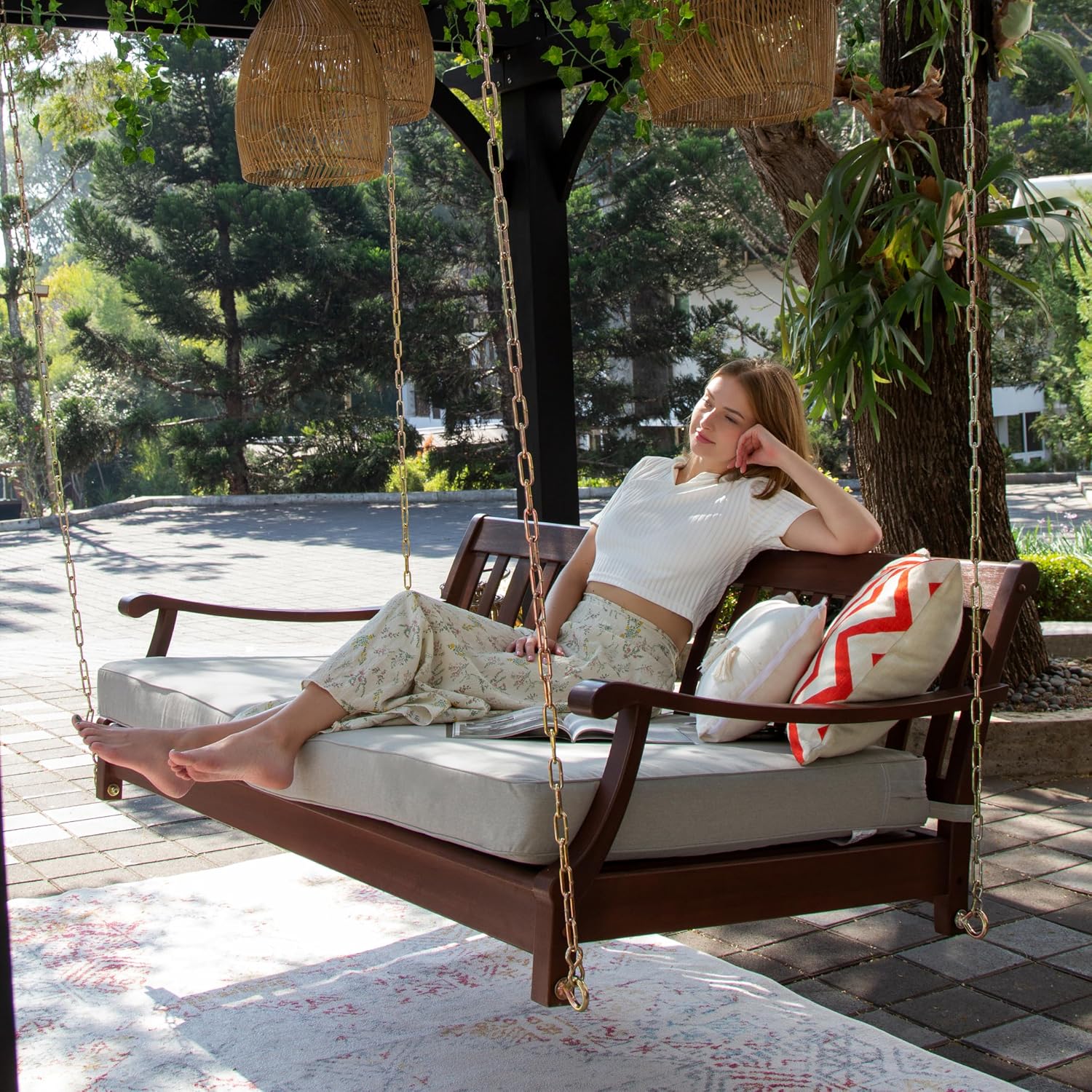 Cambridge Casual Robin Mahogany Wood 6 FT Porch Swing Bed, Upgraded Patio Porch Swing Daybed with Thick Oyster Cushion Support, 750 LBS, Outdoor Swing Bed for Garden, Backyard, or Porch