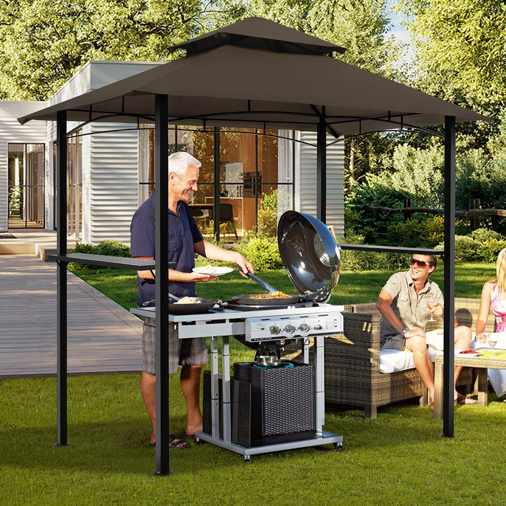 GARTOO 8'x5' Outdoor Grill Gazebo - Double Roof BBQ Gazebo Canopy with 2 Side Shelves and LED Lights, Patio BBQ Pergola Shelter for Garden, Porch and Backyard (Brown)