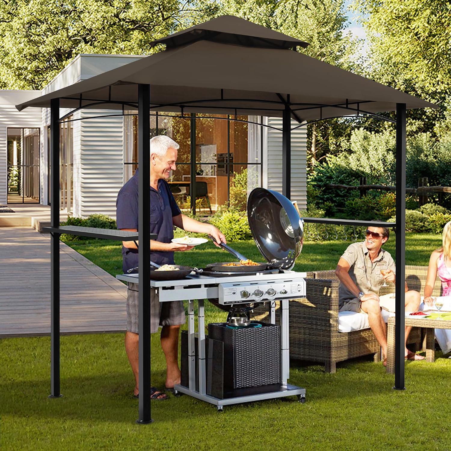GARTOO 8'x5' Outdoor Grill Gazebo - Double Roof BBQ Gazebo Canopy with 2 Side Shelves and LED Lights, Patio BBQ Pergola Shelter for Garden, Porch and Backyard (Brown)