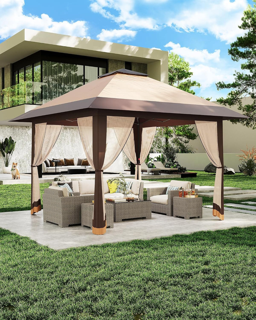 13x13 Pop Up Gazebo, Outdoor Canopy Tent with Mosquito Netting, [Adjustable Height & Spacious] Pop Up Tent with Double Roof, UV-Resistant Outdoor Gazebo for Backyard, Patio, Lawn, Garden, Deck(Khaki)