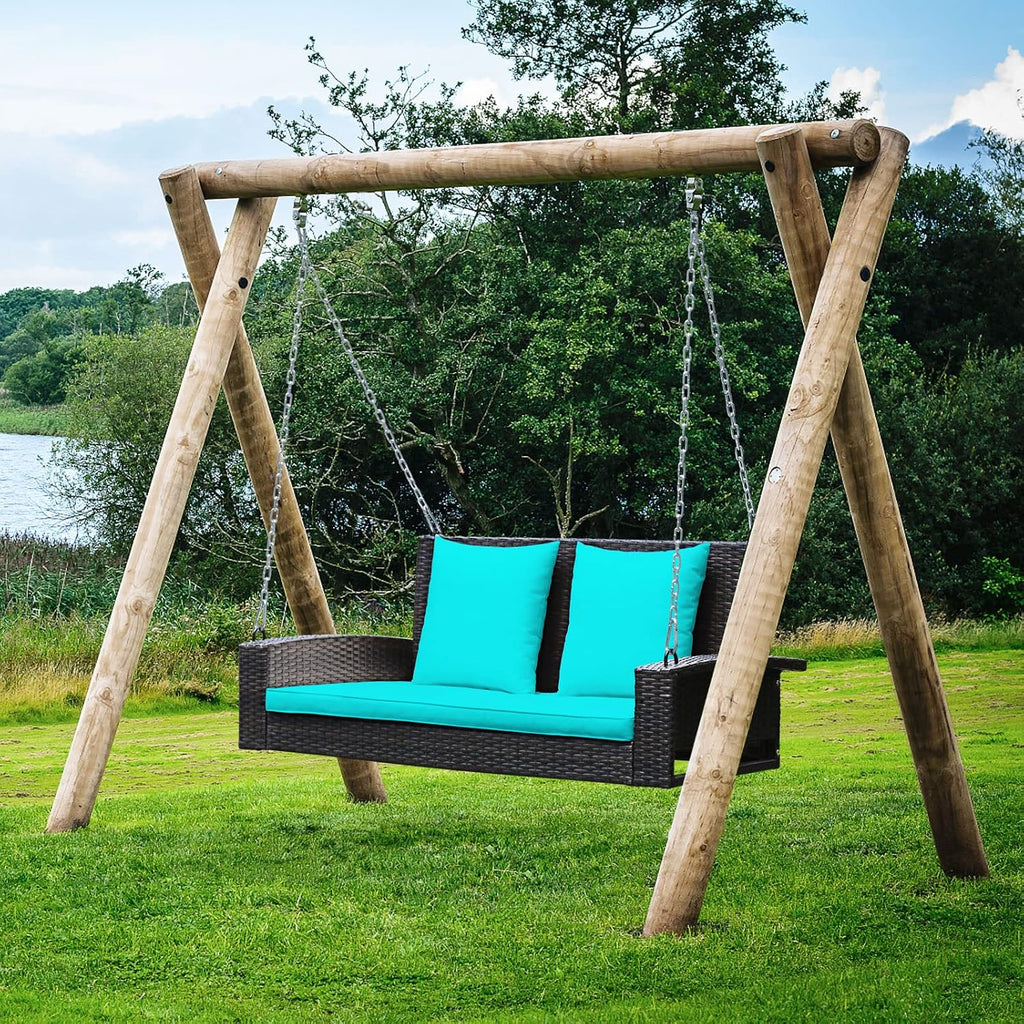 Tangkula 2-Person Wicker Hanging Porch Swing, Patiojoy Outdoor Rattan Swing Bench W/ 2 Back Cushions & 1 Seat Cushion, Sturdy Steel Chain, 800lbs Weight Capacity, Suitable for Deck, Backyard, Garden