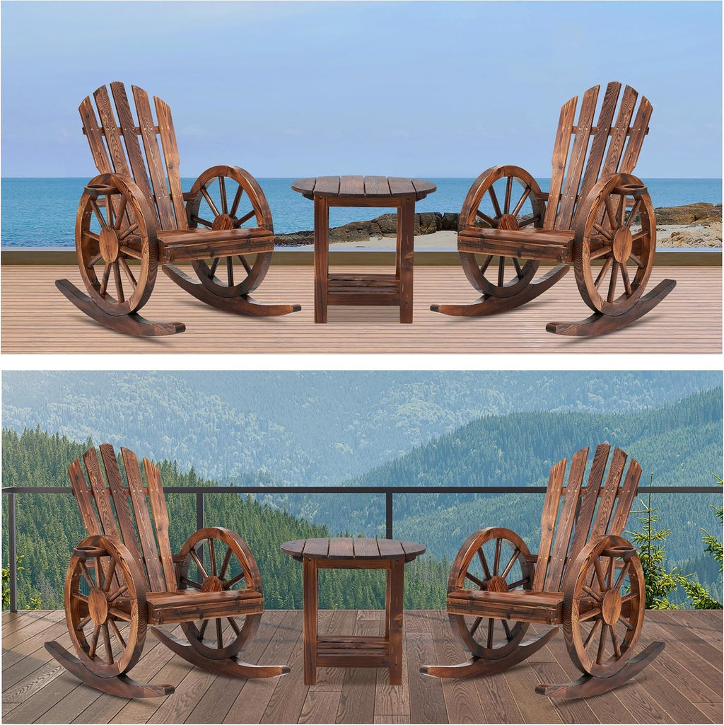 Spurgehom 3 Pieces Outdoor Wood Rocking Chair Set, 2 Patio Decor Yard Glider Rocking Chairs with 1 Side Table, Adirondack Rocking Chair for Porch Lawn Garden Balcony Poolside, Brown