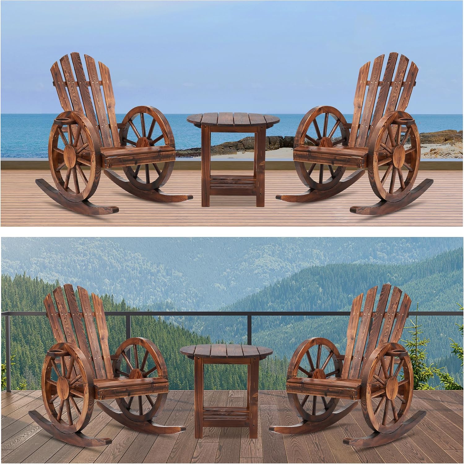 Spurgehom 3 Pieces Outdoor Wood Rocking Chair Set, 2 Patio Decor Yard Glider Rocking Chairs with 1 Side Table, Adirondack Rocking Chair for Porch Lawn Garden Balcony Poolside, Brown