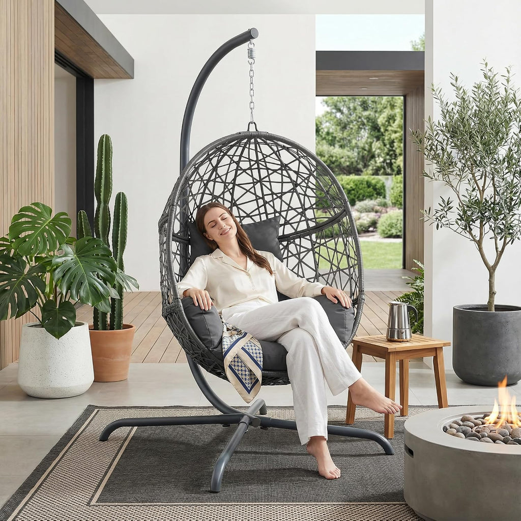 RADIATA Hanging Egg Chair with Stand, Outdoor Swing Egg Chair with Thick Cushion, Rattan Bird Cage Eggshell Basket Seat, Patio Swinging Hammock Chair for Outside Backyard, Dark Grey