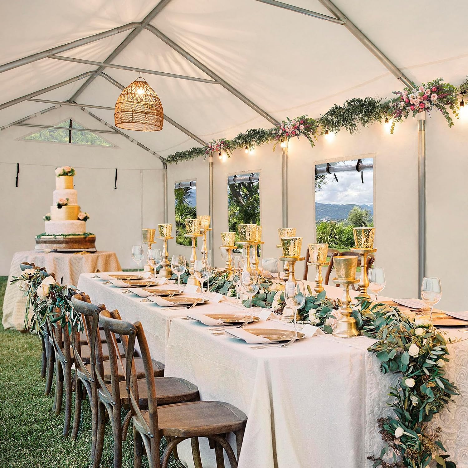 Sunjoy 12 x 30 ft. Party Wedding Tent, Outdoor Heavy Duty Gazebo, Steel Frame PVC Canopy Carport with 8 Side Removable PE Windows and 2 Roll-up Side Walls, White