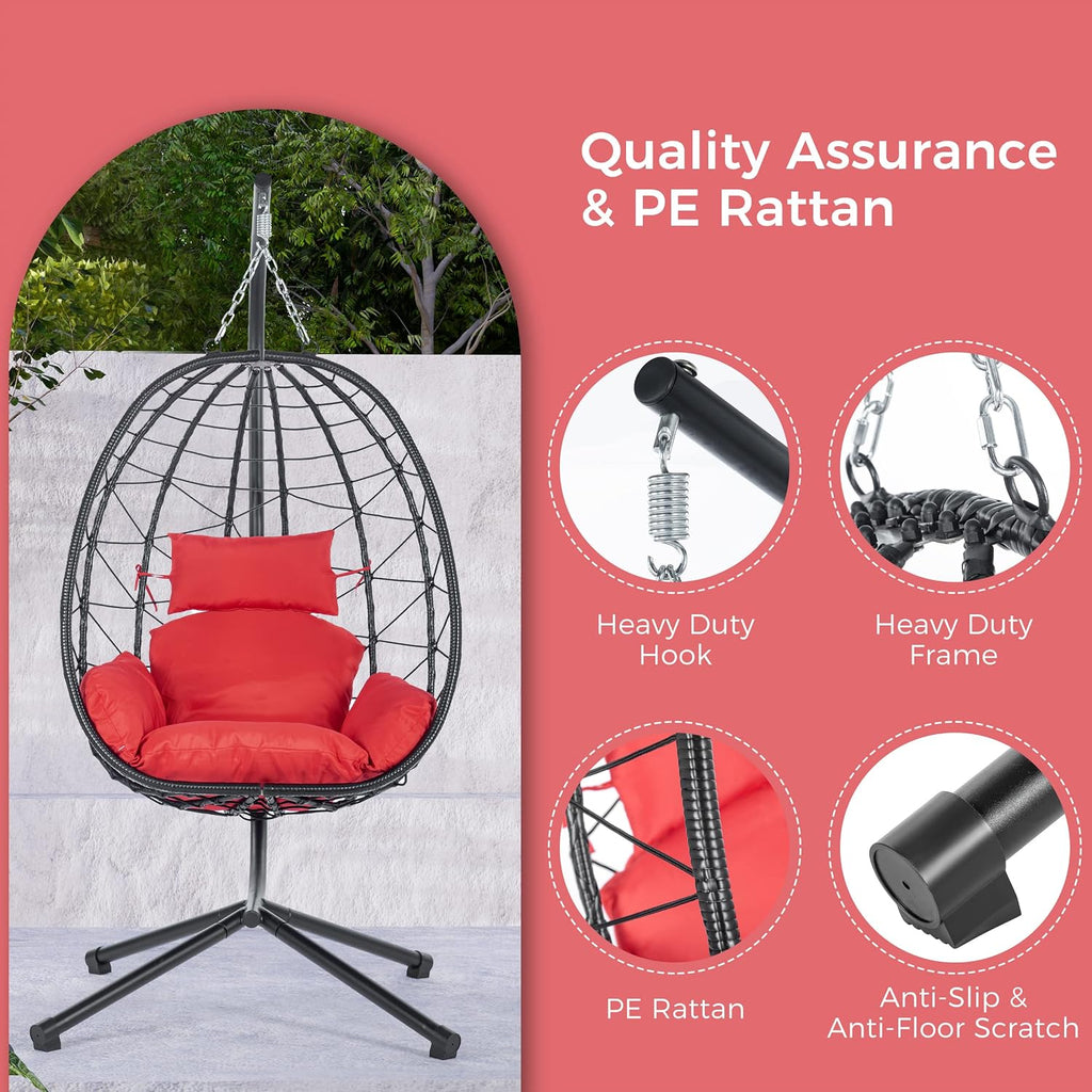ZSQ Hanging Egg Chair with Stand, Indoor Outdoor Wicker Patio Swing Chair, All-Weather with Cushion (Red)