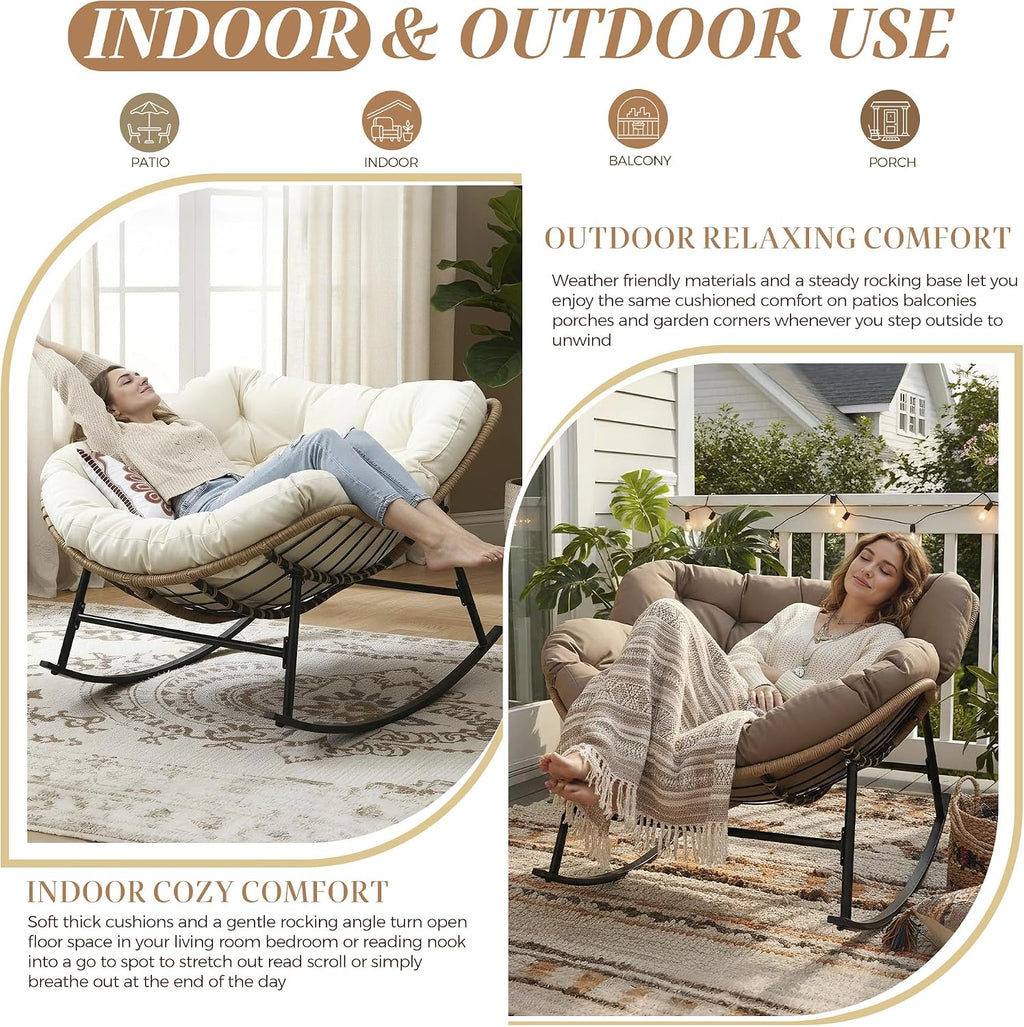 BULEXYARD Outdoor Papasan Rocking Chair with Cushion and Frame, Oversized Large Patio Lounge Chairs, Rattan Comfy Egg Recliner Chair, 450 Lbs Capacity Glider Rocker for Outside Bedroom Garden Brown