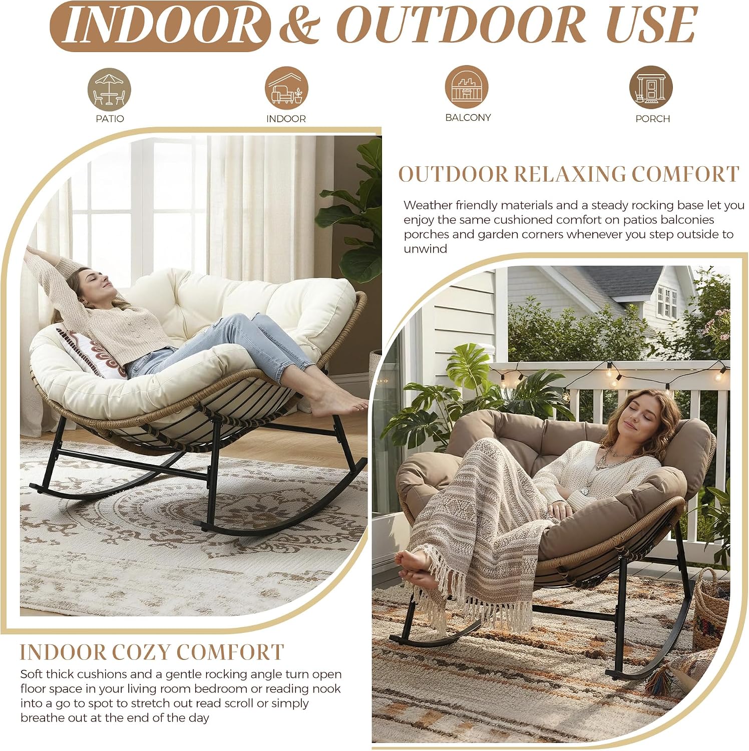BULEXYARD Outdoor Papasan Rocking Chair with Cushion and Frame, Oversized Large Patio Lounge Chairs, Rattan Comfy Egg Recliner Chair, 450 Lbs Capacity Glider Rocker for Outside Bedroom Garden Brown