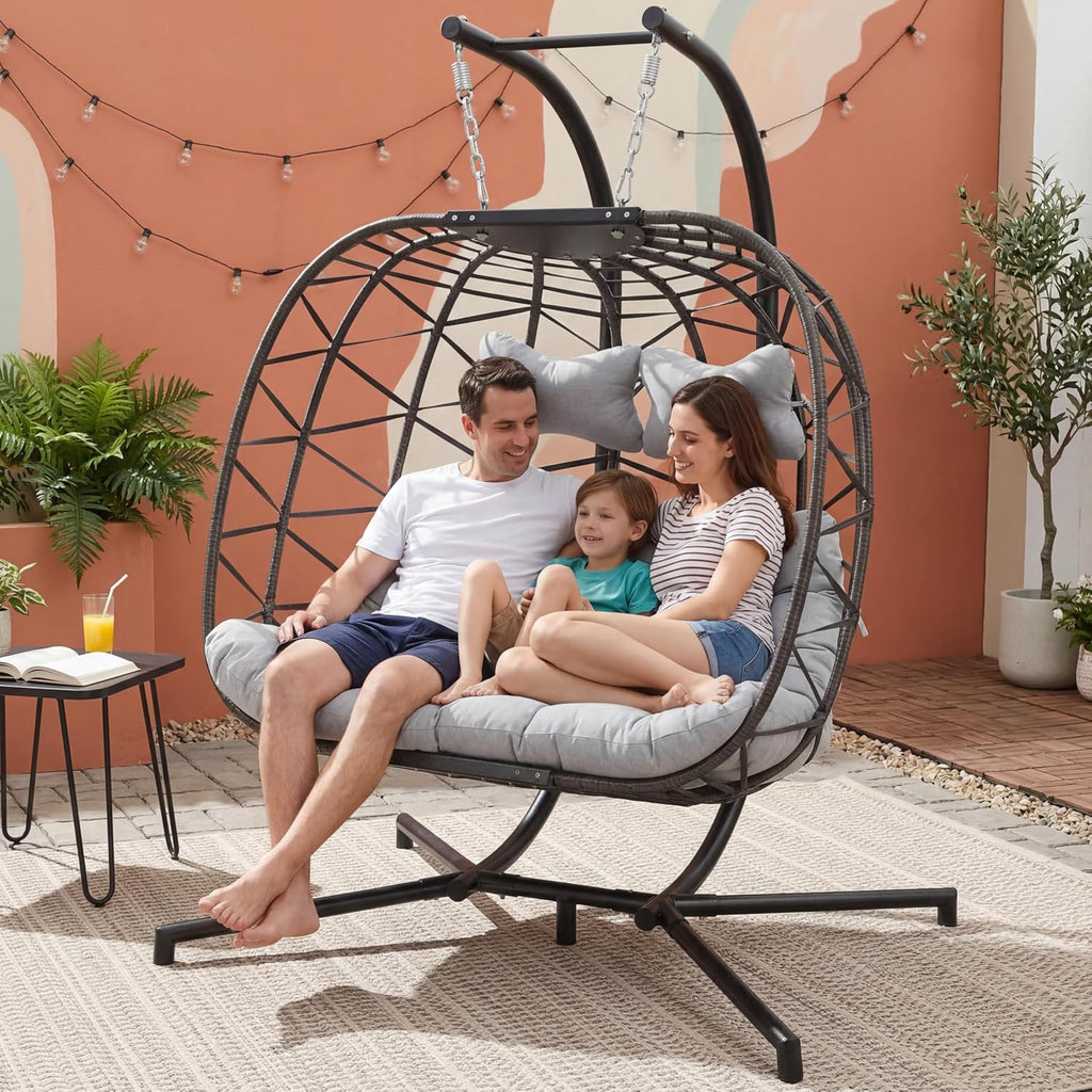 BULEXYARD Outdoor Double Egg Swing Chair with Stand, Extra Large 2 Seater Wicker Hammock Loveseat with Cushion, Oversized Hanging Patio Chair for Bedroom Porch Living Room Backyard, Light Grey