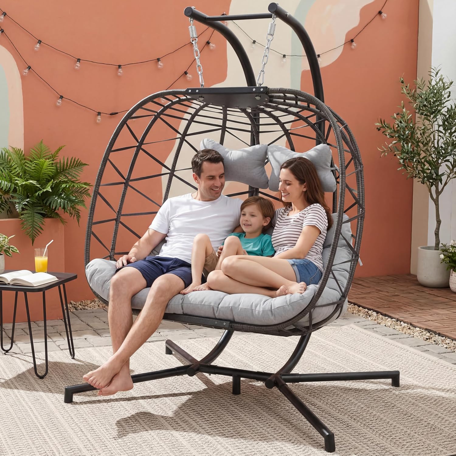 BULEXYARD Outdoor Double Egg Swing Chair with Stand, Extra Large 2 Seater Wicker Hammock Loveseat with Cushion, Oversized Hanging Patio Chair for Bedroom Porch Living Room Backyard, Light Grey