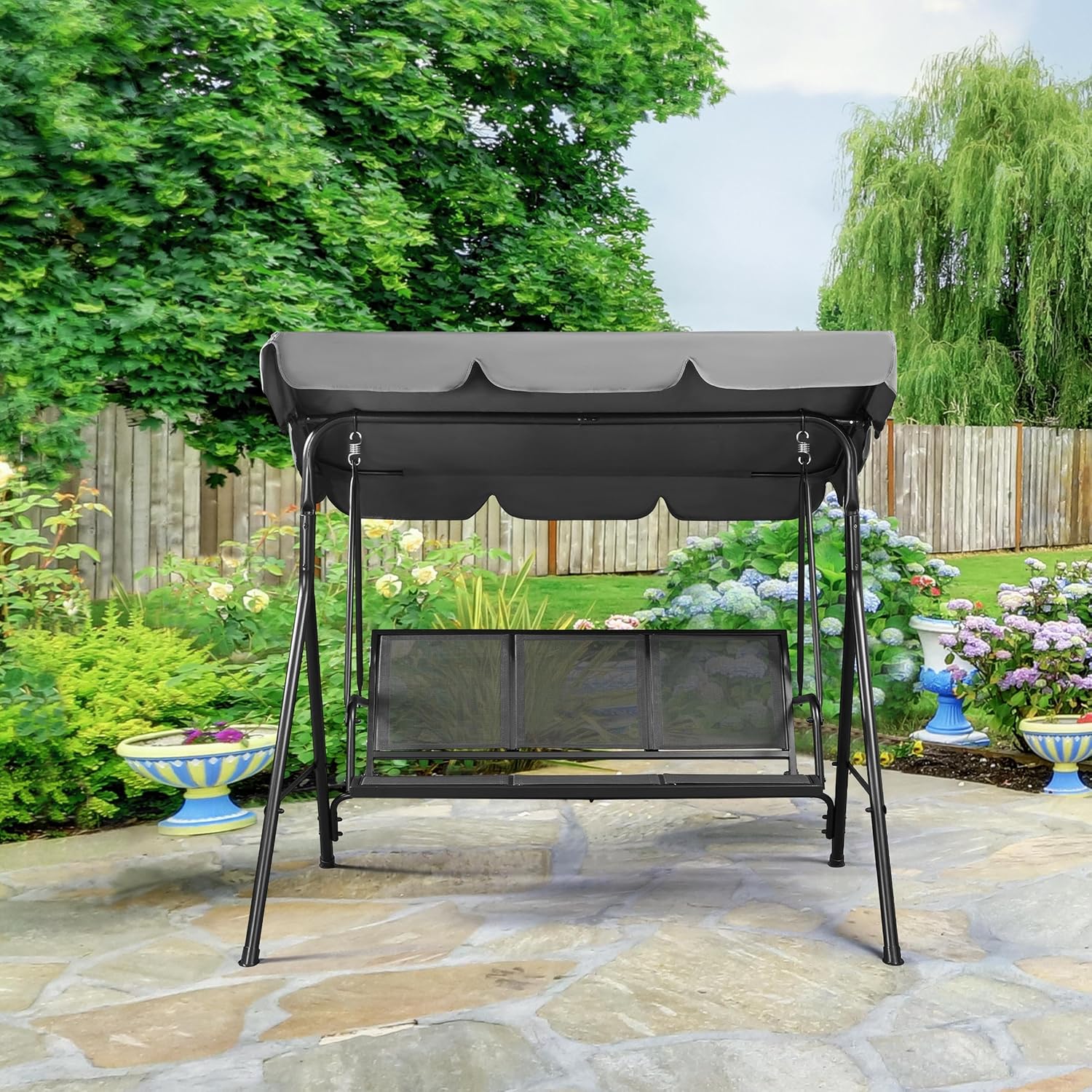 Yaheetech Outdoor Patio Swing Chair, 3-Seat Patio Sunset Hanging Swing Glider w/Adjustable Canopy & Texteline Fabric & Armrests, Outdoor Love Seat Bench for Patio/Garden/Yard/Porch, Gray