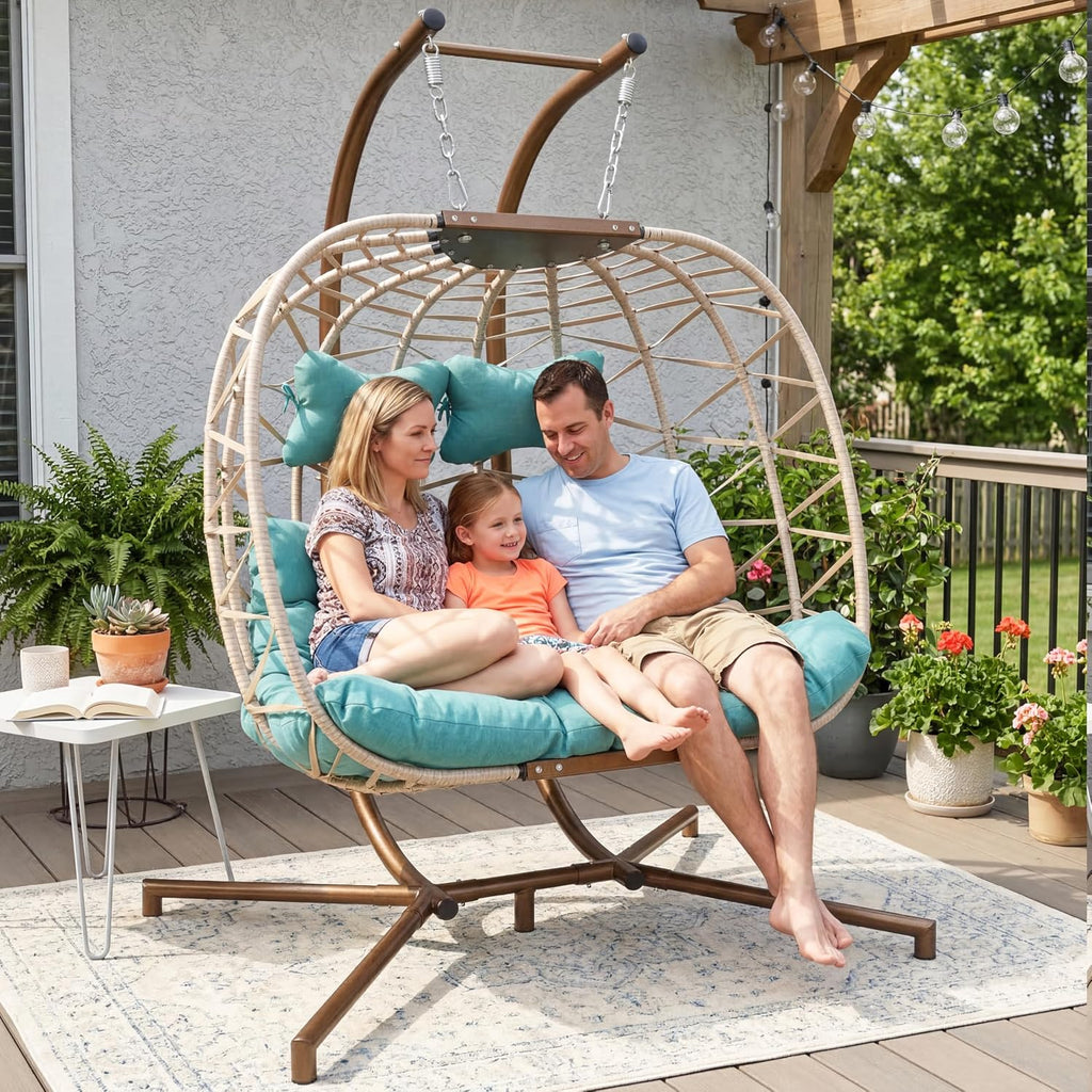 NICESOUL Double Egg Chair Outdoor Indoor, Oversized 2 Person Swing with Stand, All-Weather Wicker Large Hanging Loveseat, Heavy Duty Patio Swinging Seat with Cushion for Balcony, Beige & Teal