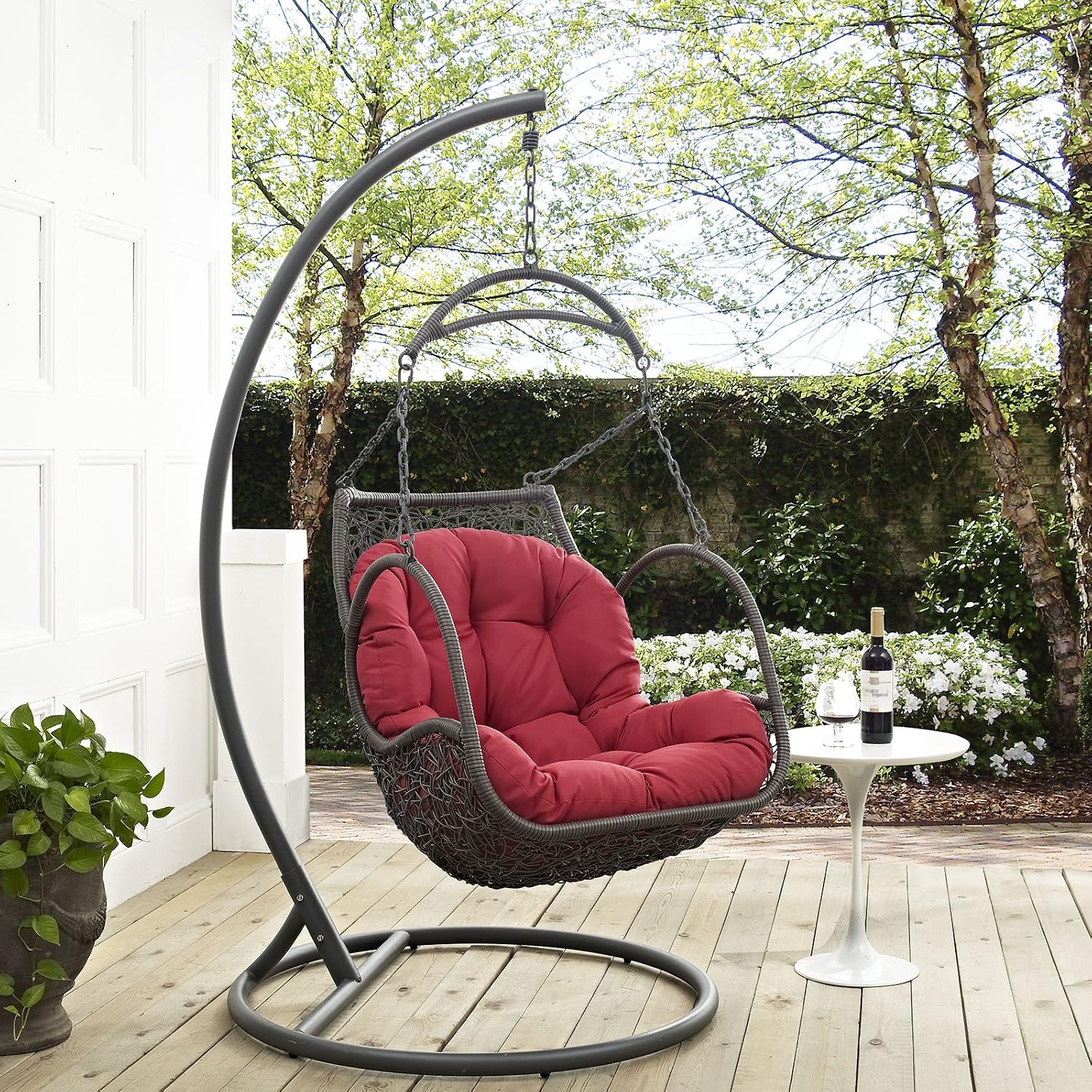 Modway Arbor Wicker Rattan Outdoor Patio Porch Lounge Hanging Swing Chair Set with Stand in Red