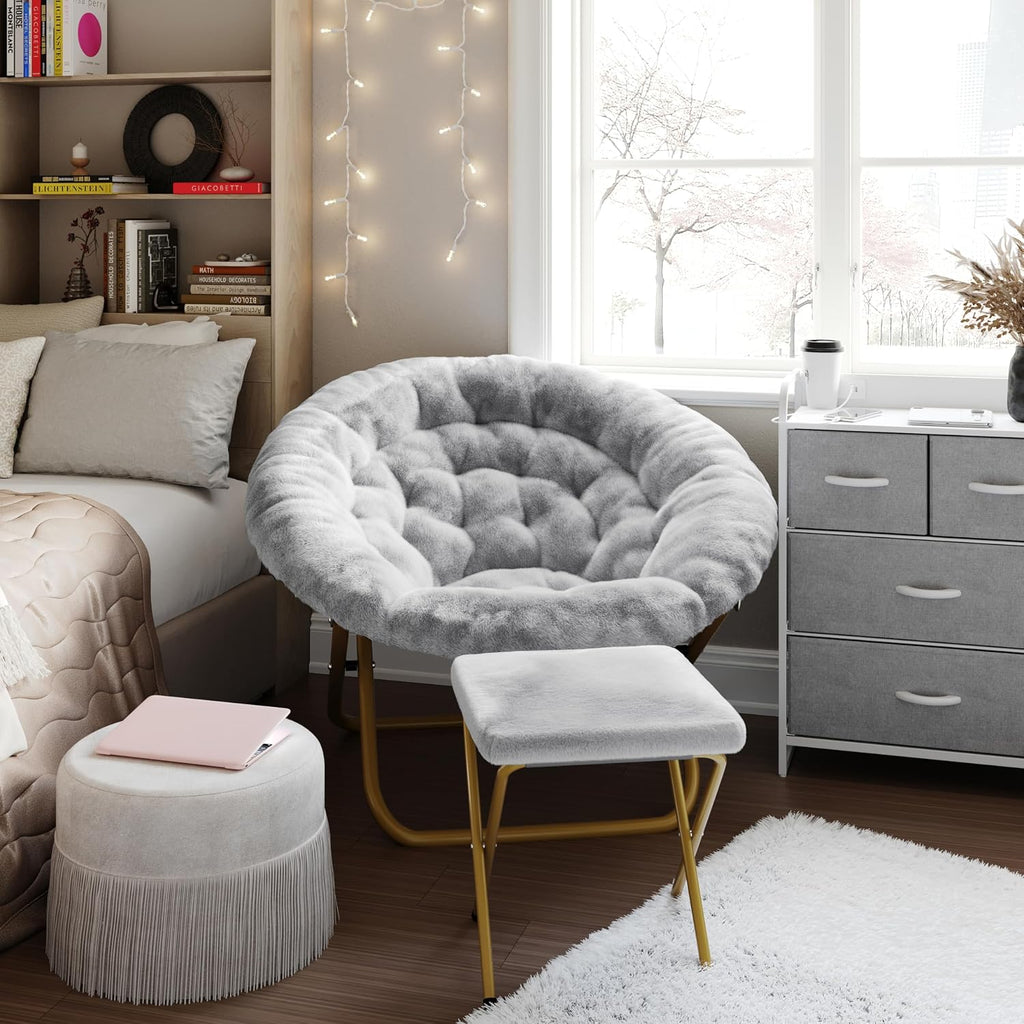 Flash Furniture Gwen Oversize Folding Saucer Chair with Ottoman, Faux Fur Moon Chair, Durable Steel Frame, for Dorm and Bedroom, 38', Gray/Soft Gold