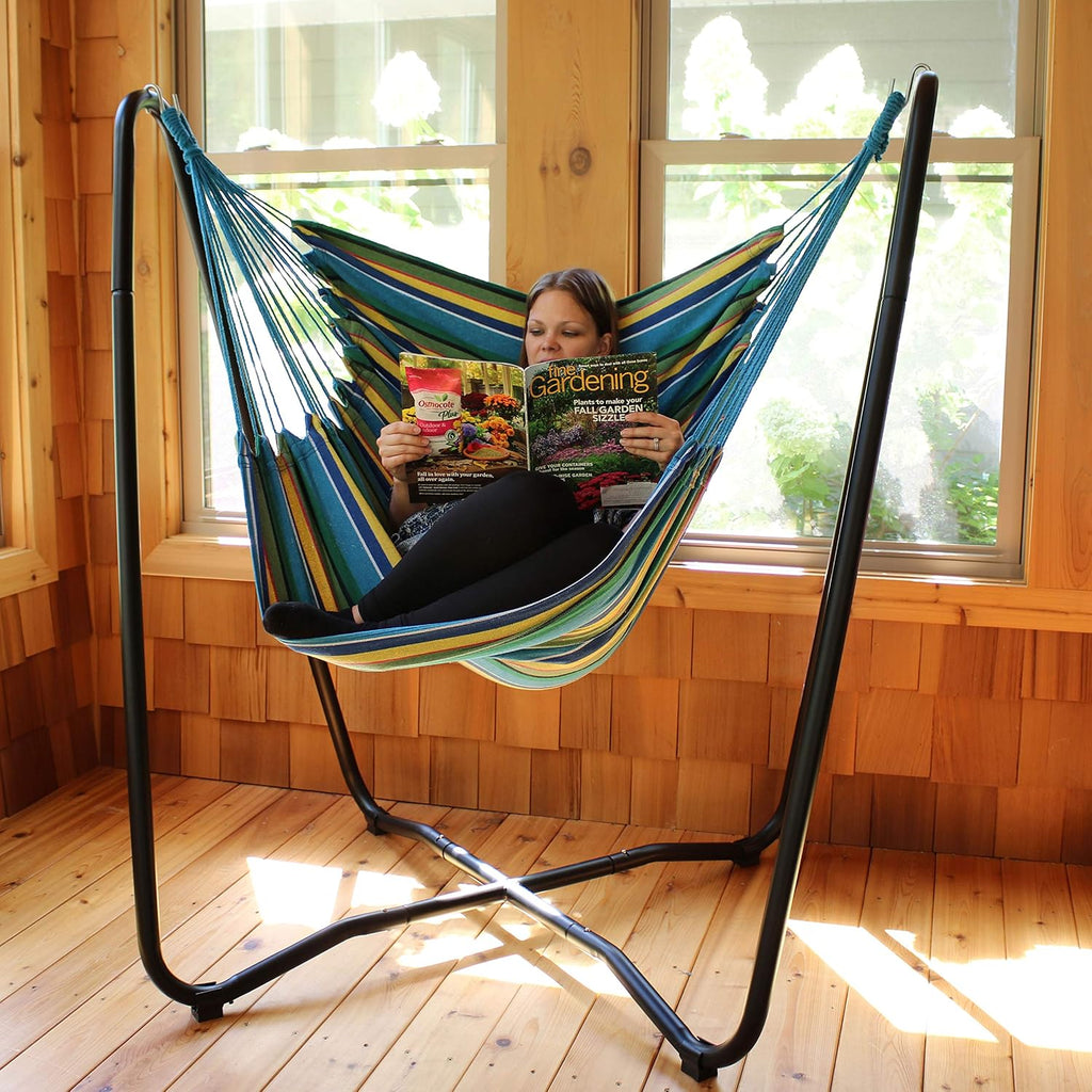 Sunnydaze Hanging Hammock Chair with Space-Saving Stand for Indoor or Outdoor Use - 330-Pound Capacity - Ocean Breeze