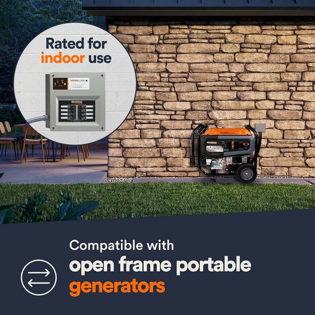 Generac HomeLink 30-Amp Portable Generator Transfer Switch, Upgradeable Manual Transfer Switch, 8-10 Circuits, Indoor Pre-Wired Panel