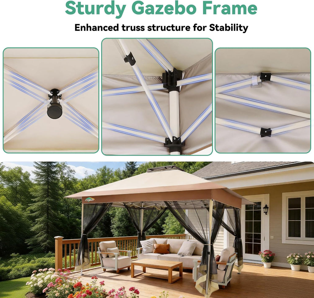 COBIZI 10x15 FT Pop up Gazebo on Clearance - Outdoor pop up Heavy Duty Canopy Tent,carpas para Patio,Screen Tents with Portable Carry Bag, Patio Gazebos for Camping, Garden, Deck, Backyard, Khaki
