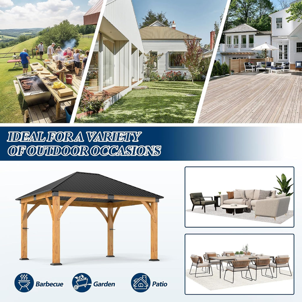 COVERONICS 11' x 13' Wooden Gazebo with Galvanized Steel Roof, Outdoor Spruce Wood Patio Gazebo, Heavy-Duty Hardtop Gazebo for Garden, Poolside, Deck & Backyard