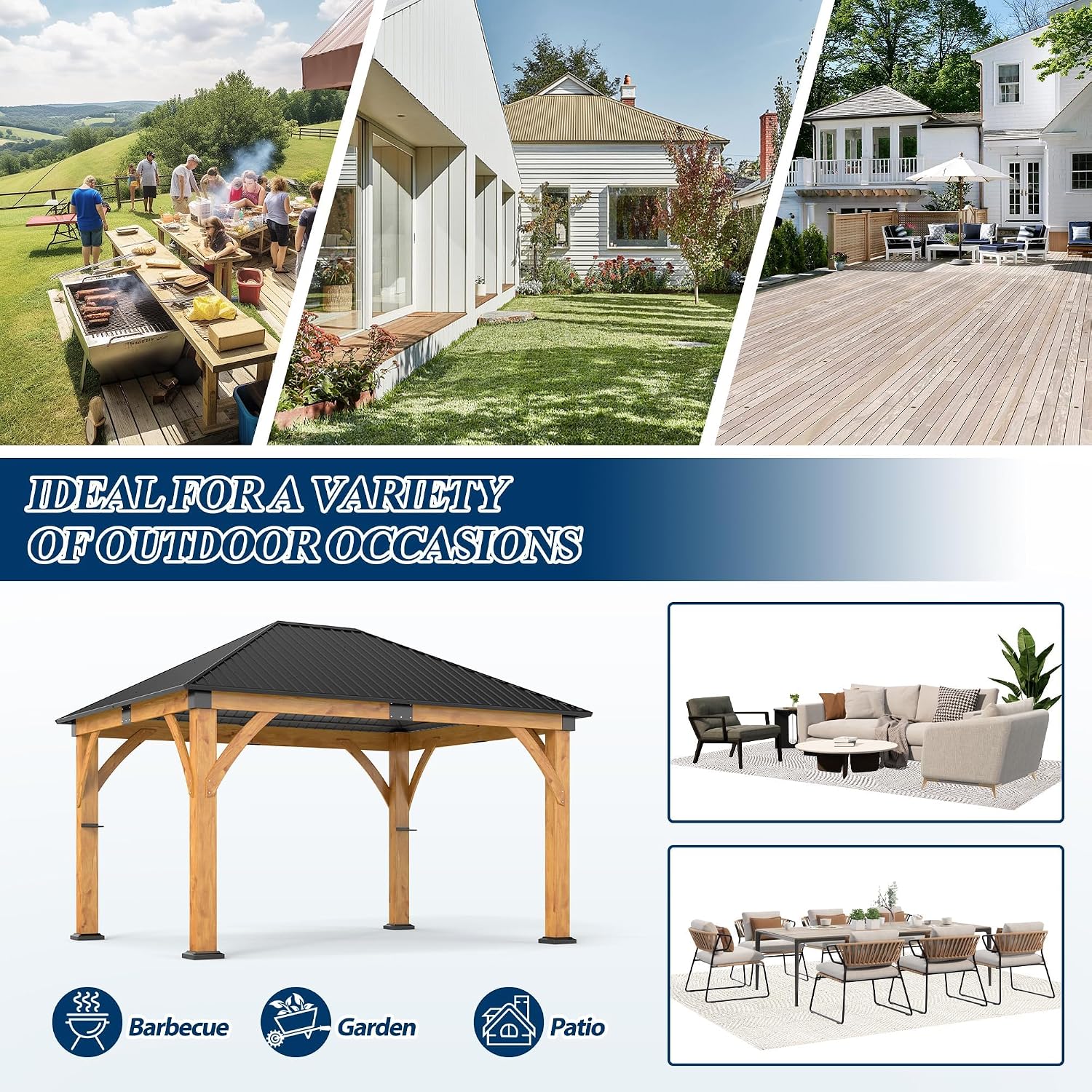 COVERONICS 11' x 13' Wooden Gazebo with Galvanized Steel Roof, Outdoor Spruce Wood Patio Gazebo, Heavy-Duty Hardtop Gazebo for Garden, Poolside, Deck & Backyard