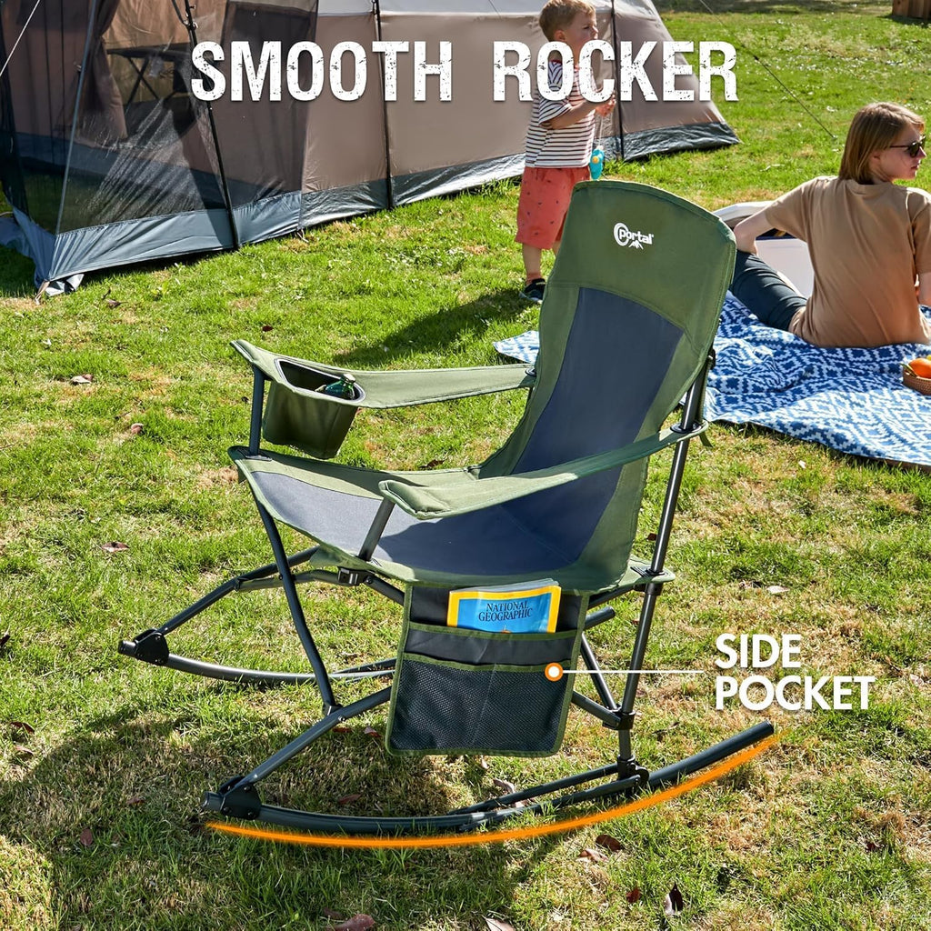 Portal Outdoor Rocking Chair Camping Folding Portable Rocker with Cup Holder Side Pocket Carry Bag, Support 350LBS (Green), 2 Pack