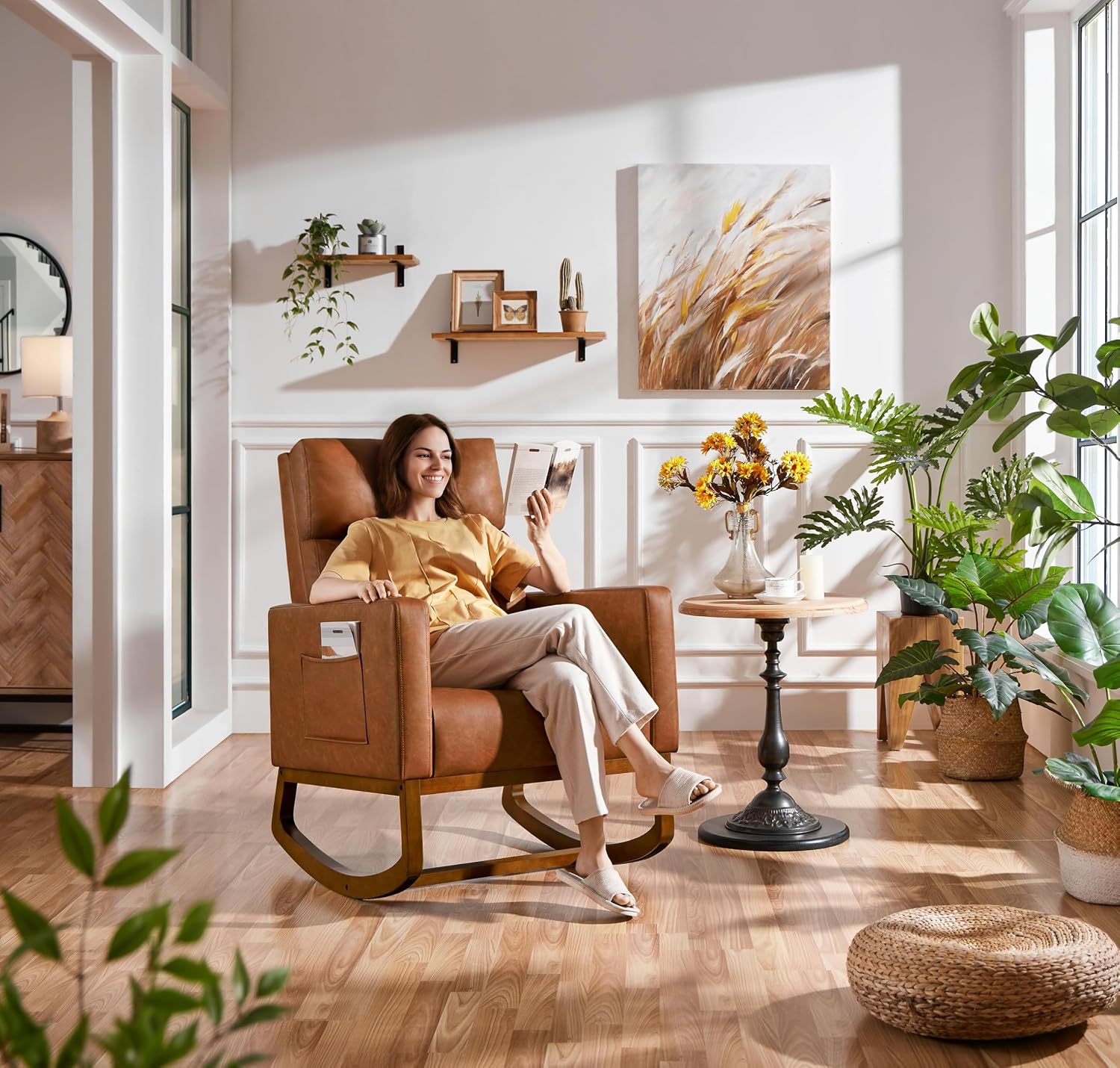 Yaheetech Leather Glider Chair, Modern Rocking Chair, Nursery Faux Leather Glider Chair with Rubber Wood Legs and Side Pocket, Rocking Accent Armchair for Living Room, Bedroom, Brown