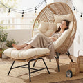 NICESOUL® Indoor Outdoor Egg Chair w/Ottoman, Huge Extra Large Eggshell Papasan Chair w/Cushion, Water & UV-Resistant Patio Lounge Chair w/Cover, Outside Reading Chair for Backyard, Porch, Beige