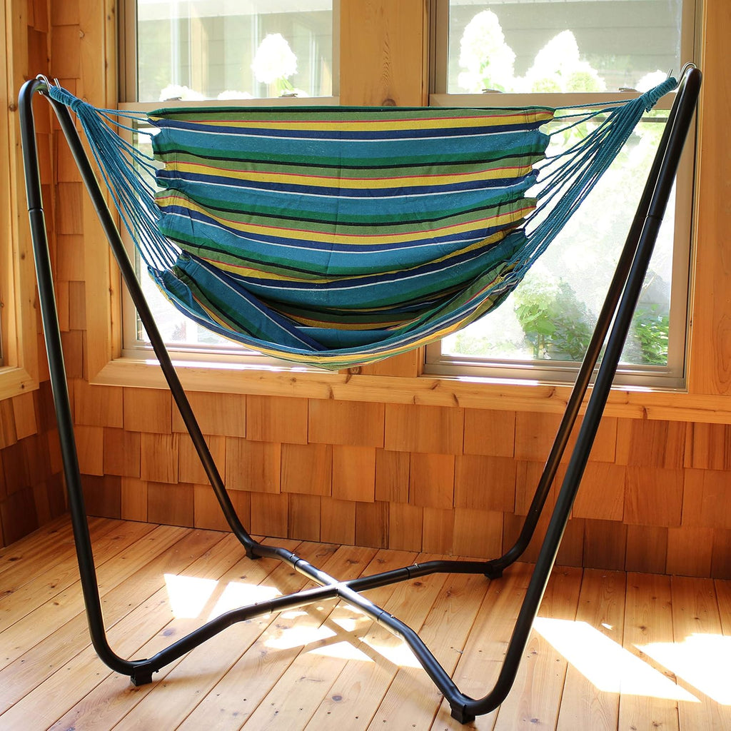 Sunnydaze Hanging Hammock Chair with Space-Saving Stand for Indoor or Outdoor Use - 330-Pound Capacity - Ocean Breeze