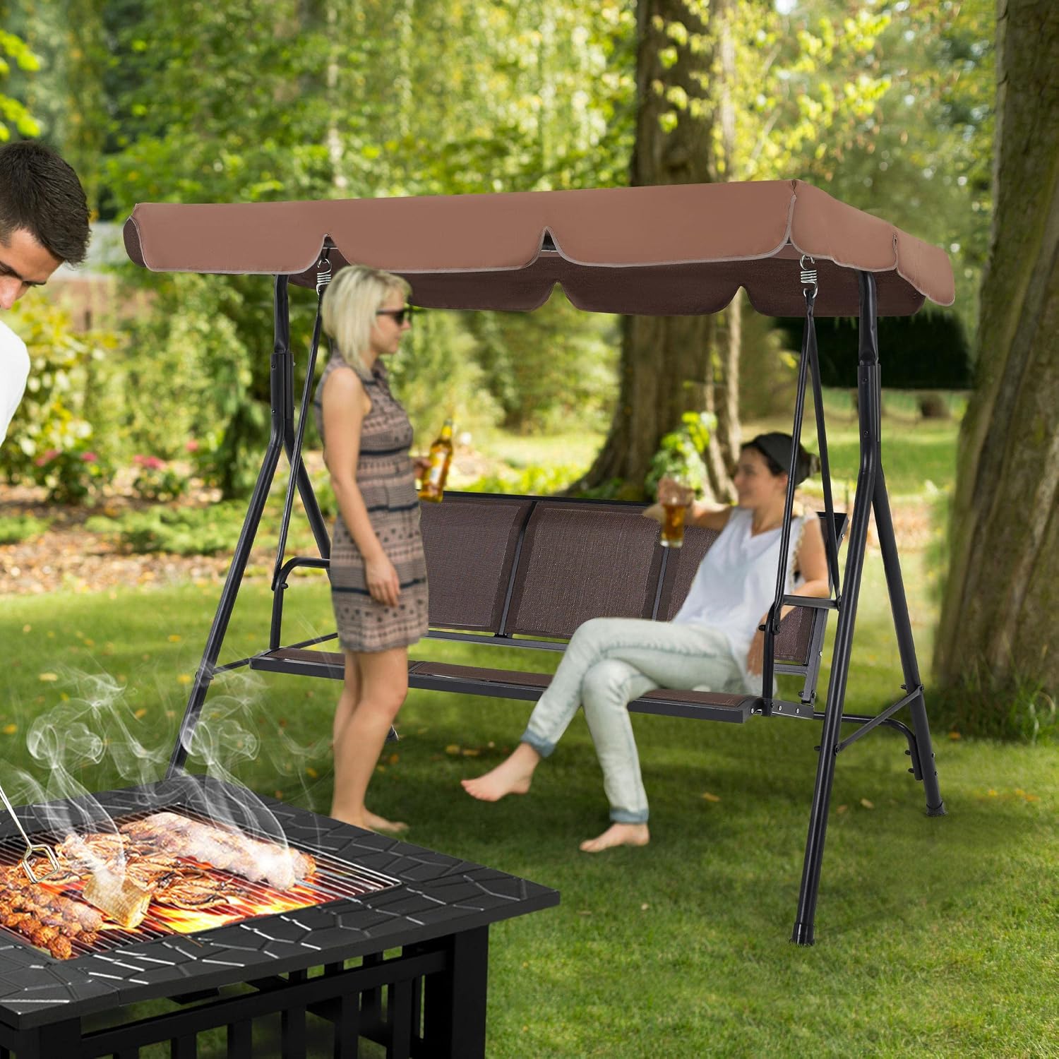 Yaheetech Outdoor Porch Swing Chair for Adults, 3-Seat Patio Hanging Swing w/Adjustable Canopy, Armrests, Porch Swing Sets w/Stand, Breathable Fabric for Backyard/Garden/Balcony, Dark Brown