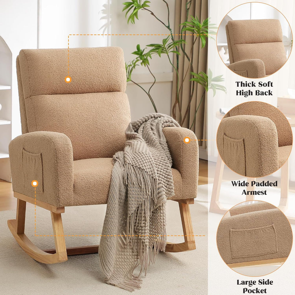HCHAIRH Rocking Chair Nursery, Sherpa Nursing Rocking Chairs, Upholstered Nursery Glider Rocker for Mom Nursery Morden Accent Rocking Chair with Side Pocket for Living Room,Bedroom,Teddy Camel