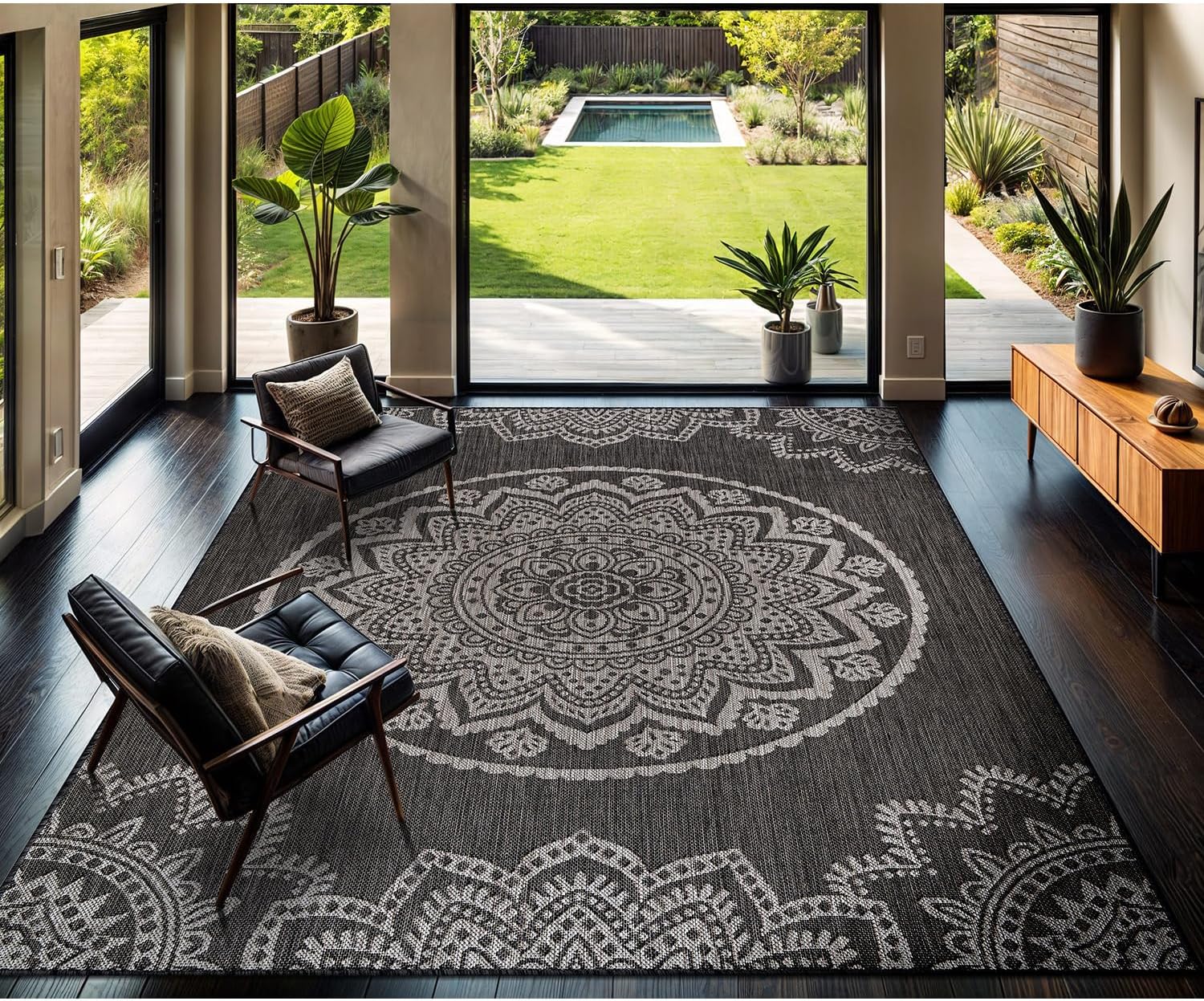 CAMILSON Outdoor Rug 9x12 Modern Area Rugs for Large Indoor and Outdoor Patios and Porches - Washable, Non-Shedding, Easy-to-Clean Outside Carpet (9 x 12, Medallion - Dark Grey/Light Grey)
