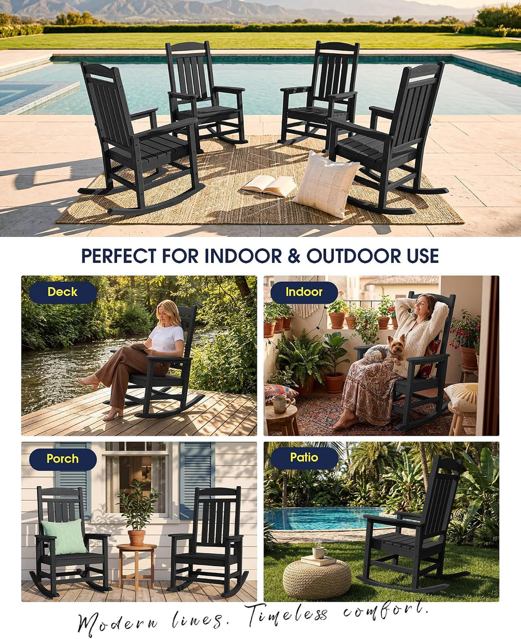 KINGYES Oversized Outdoor Rocking Chair with Cushion, All-Weather Patio Rocking Chairs, HDPE Porch Rocker for Adults, 350 lbs Capacity, Black Chair with Beige Cushion