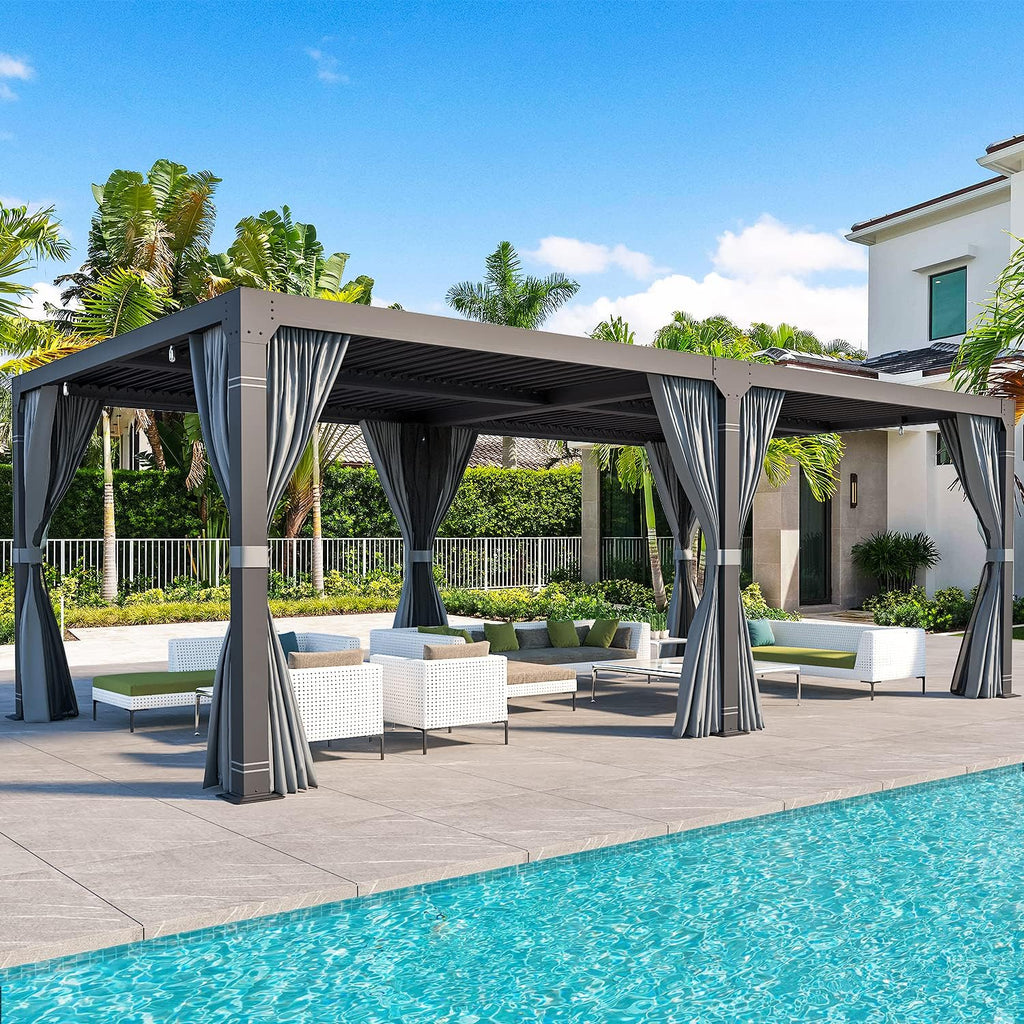 MELLCOM Aluminum Louvered Pergola - 10x20 with Adjustable Roof, Waterproof Curtains and Nets, Gray