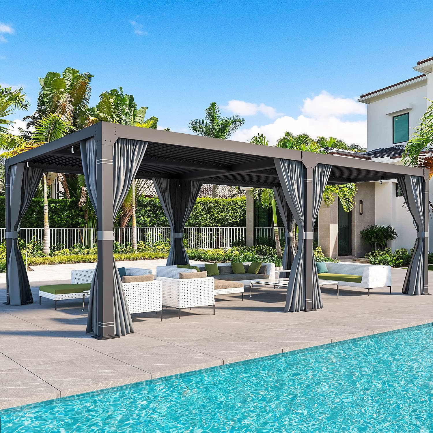 MELLCOM Aluminum Louvered Pergola - 10x20 with Adjustable Roof, Waterproof Curtains and Nets, Gray