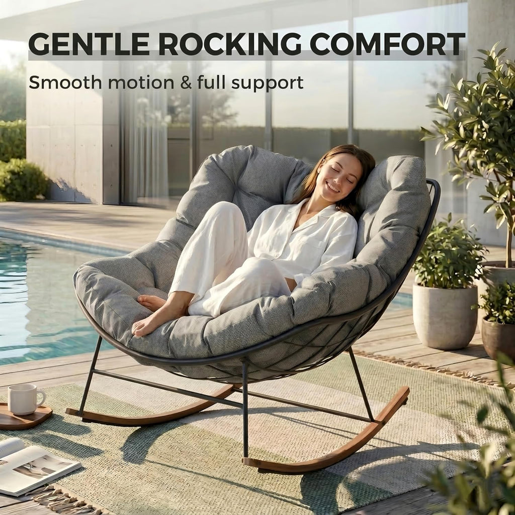 Grand patio Outdoor Rocking Chair, Oversized Papasan Rocking Chair with Thick Cushion, Indoor Outdoor Cozy Rocker for Balcony, Living Room, Patio, Gray