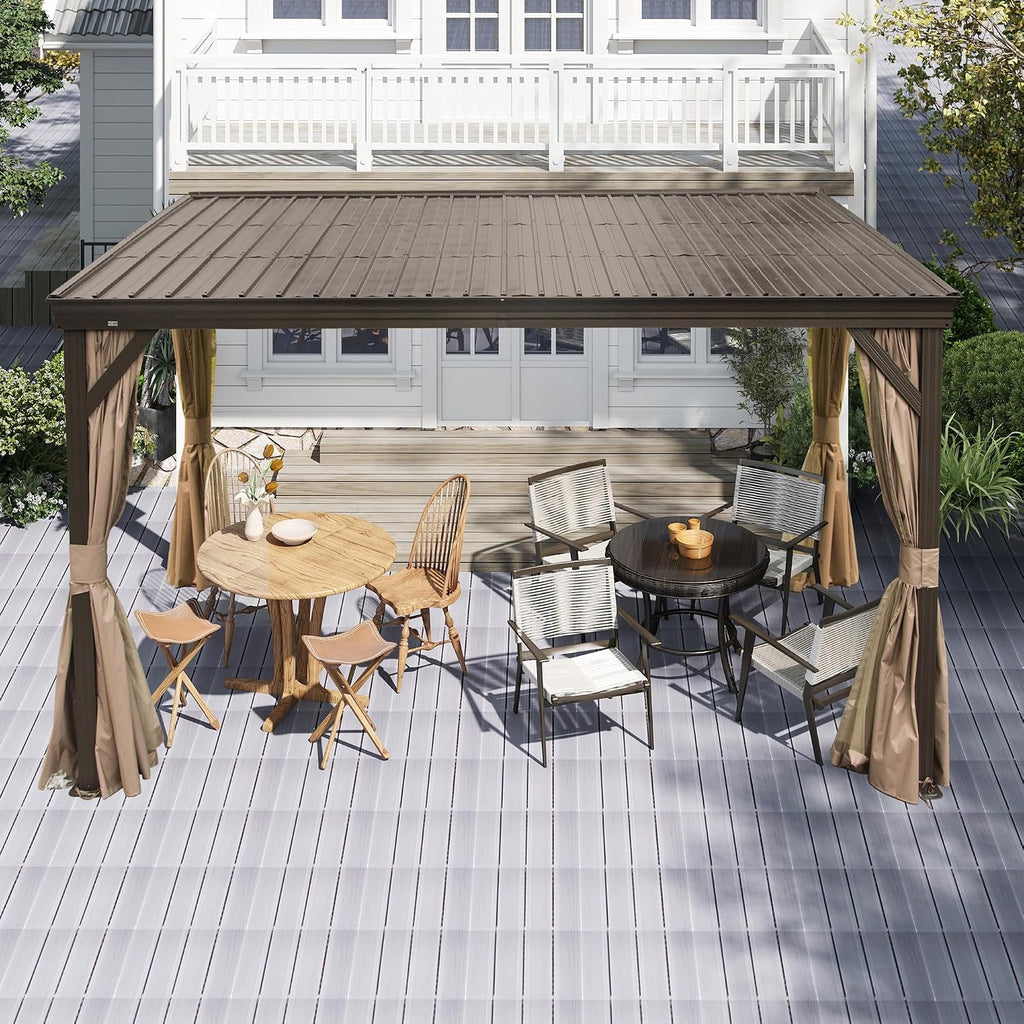 DOMI 12x14FT Lean to Gazebo, Outdoor Hardtop Wall Mounted Gazebo with Sloping Galvanized Steel Roof, Durable Aluminum Frame, Netting Curtain for Deck, Porch, Backyard