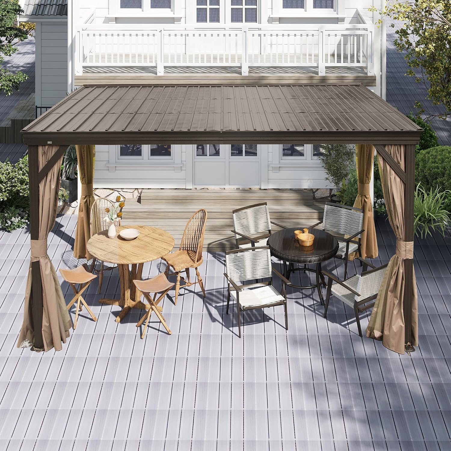 DOMI 12x14FT Lean to Gazebo, Outdoor Hardtop Wall Mounted Gazebo with Sloping Galvanized Steel Roof, Durable Aluminum Frame, Netting Curtain for Deck, Porch, Backyard