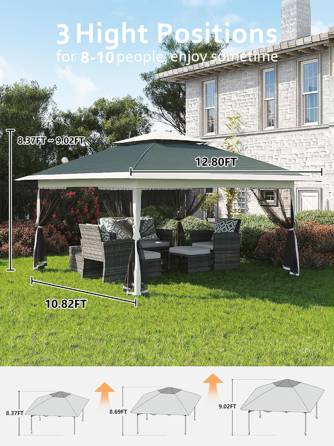 13x13 ft Pop Up Gazebo,Canopy Tent with Mosquito Netting,Outdoor Patio Gazebo,Backyard Tent for Party,Wedding,Outdoor Dining(Dark Army Green+Hemp Grey)