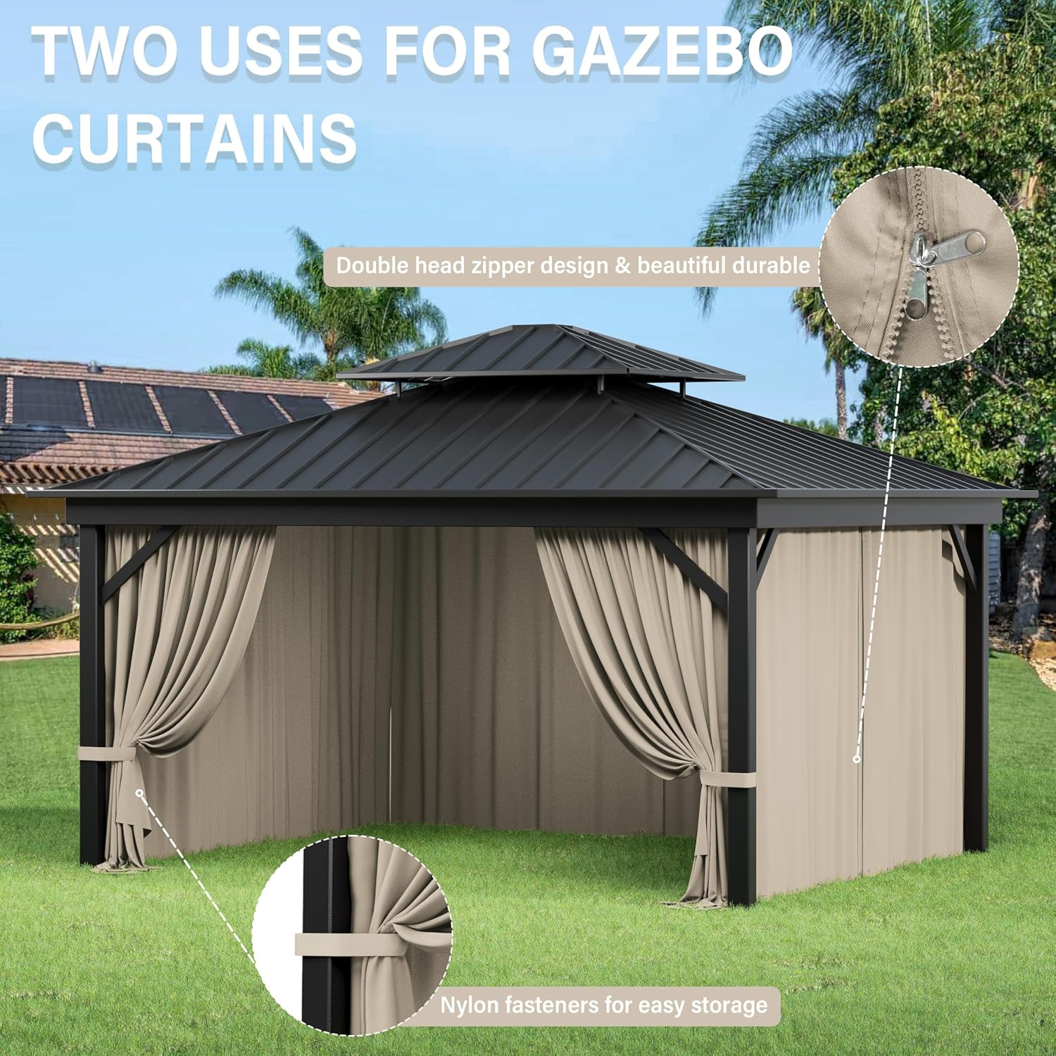 Outdoor Gazebo Curtain Replacement Universal 4-Panel Sidewalls 10' X 13',Outdoor Patio Waterproof Privacy Curtain with Double Zipper for Patio,Garden, and Backyard (Curtain Only)