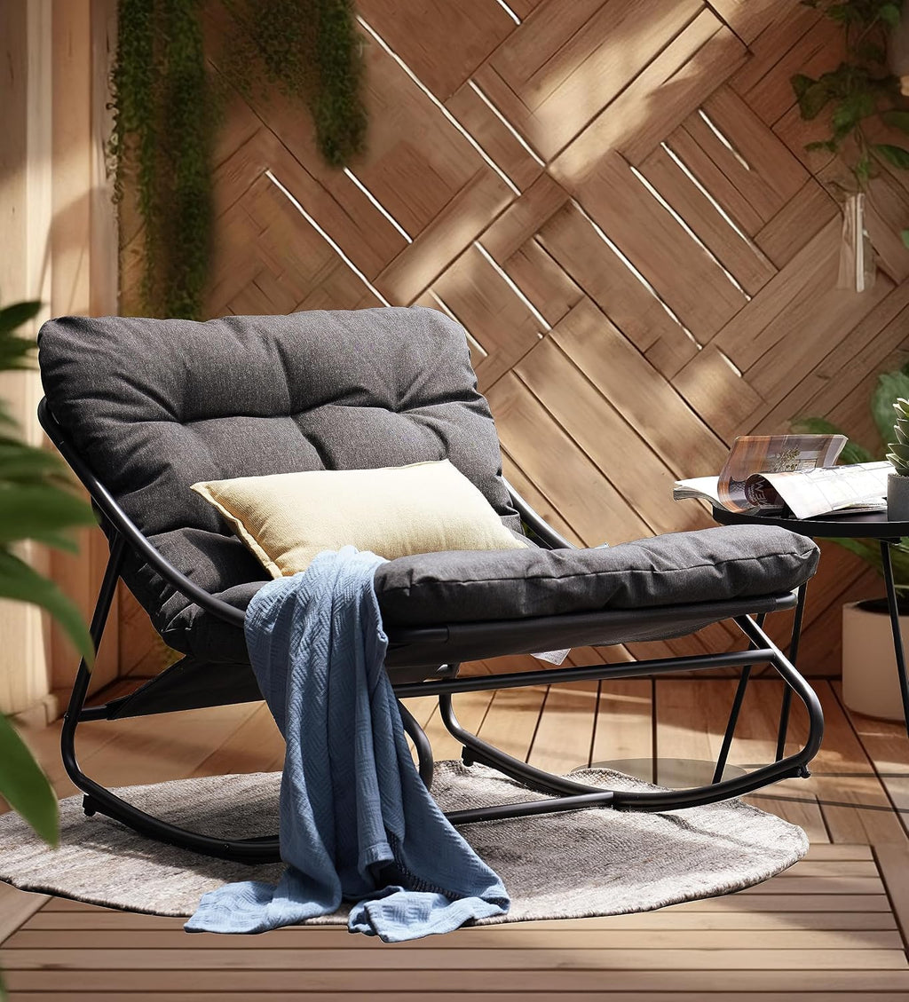 Grand patio Rocking Chair Indoor and Outdoor, Metal Patio Lounge Rocking Chair with Thick Cushion, Comfy Modern Rocker for Living Room Porch Backyard
