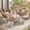 FINCATI Patio Papasan Rocking Chair with Ottoman Set of 2, Outdoor Indoor Egg Chair with Footrests and Cushion, 450 lbs Heavy Duty Comfy Rattan Rocker for Balcony Backyard Bedroom Lawn Brown