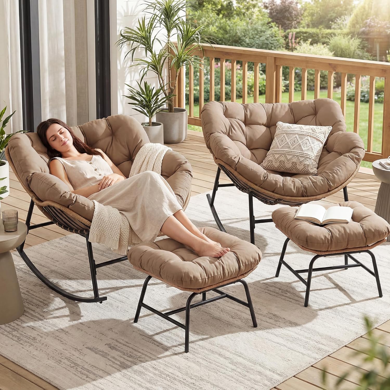 FINCATI Patio Papasan Rocking Chair with Ottoman Set of 2, Outdoor Indoor Egg Chair with Footrests and Cushion, 450 lbs Heavy Duty Comfy Rattan Rocker for Balcony Backyard Bedroom Lawn Brown