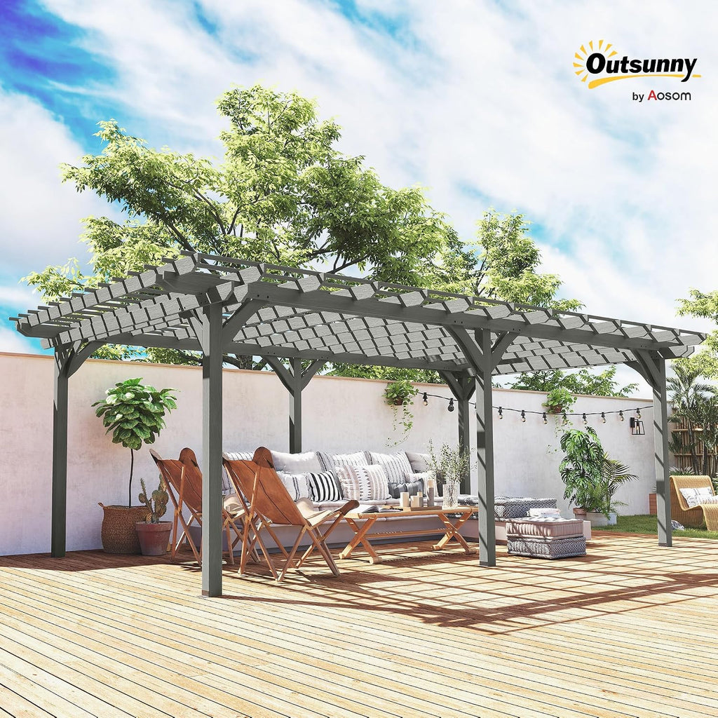 Outsunny 12' x 20' Outdoor Pergola, Wood Gazebo Grape Trellis with Stable Structure for Climbing Plant Support, Garden, Patio, Backyard, Deck, Gray