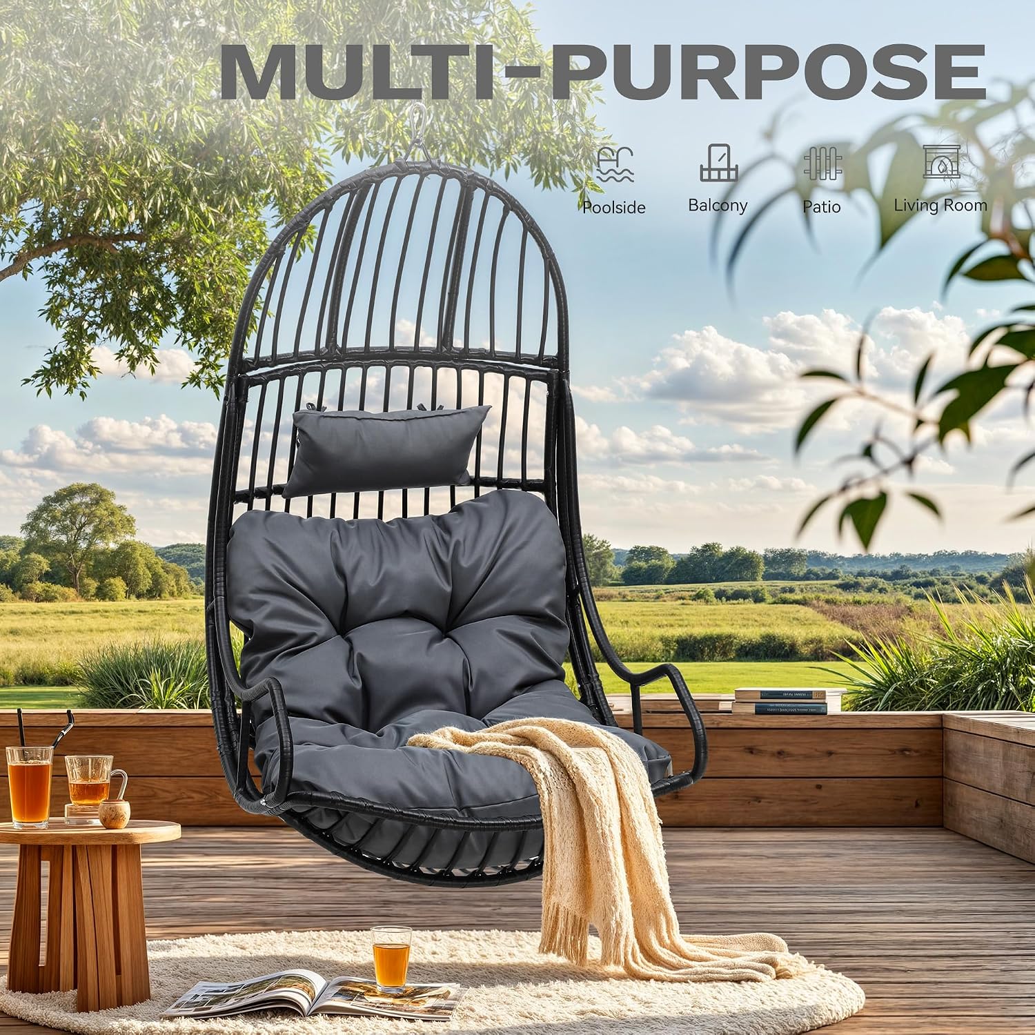 DWVO Hammocks Swing Chair with Cushions 330 LBS, Comfortable Egg Chair Wicker for Patio, Bedroom, Garden, Balcony Indoor and Outdoor Use, Gray